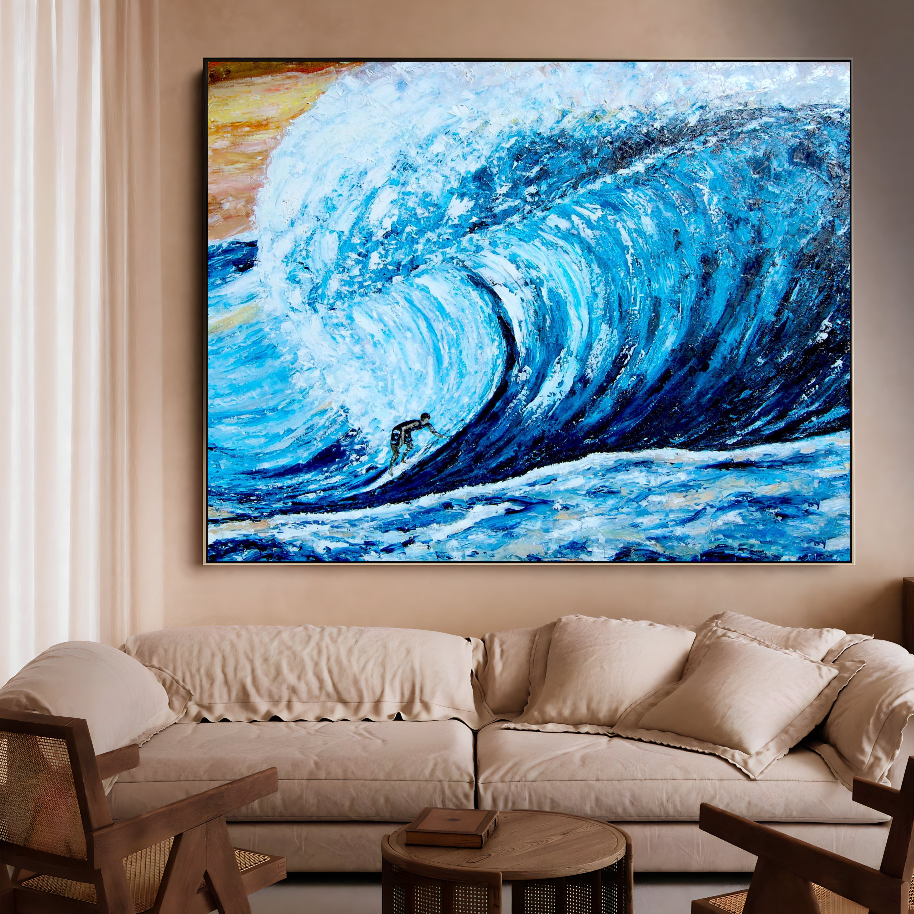 a living room with a couch and a painting on the wall