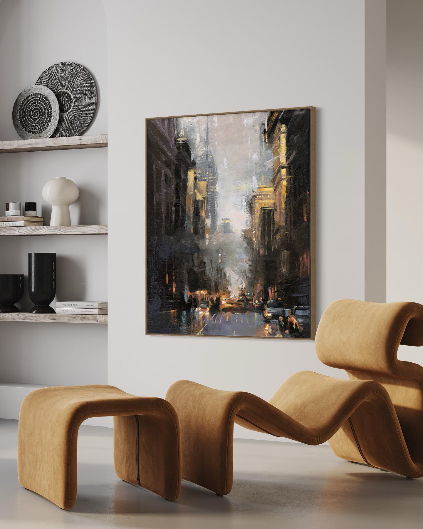 a living room with a painting on the wall