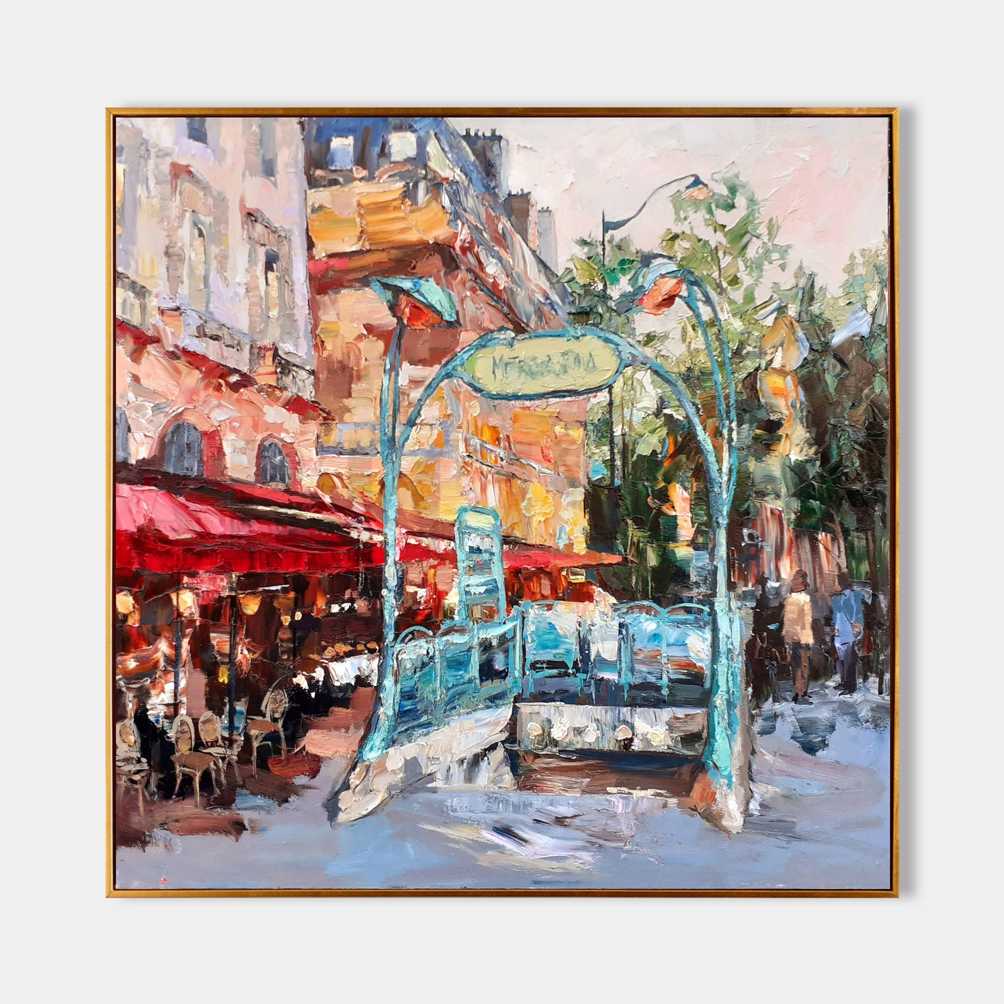 a painting of a city street with a bridge