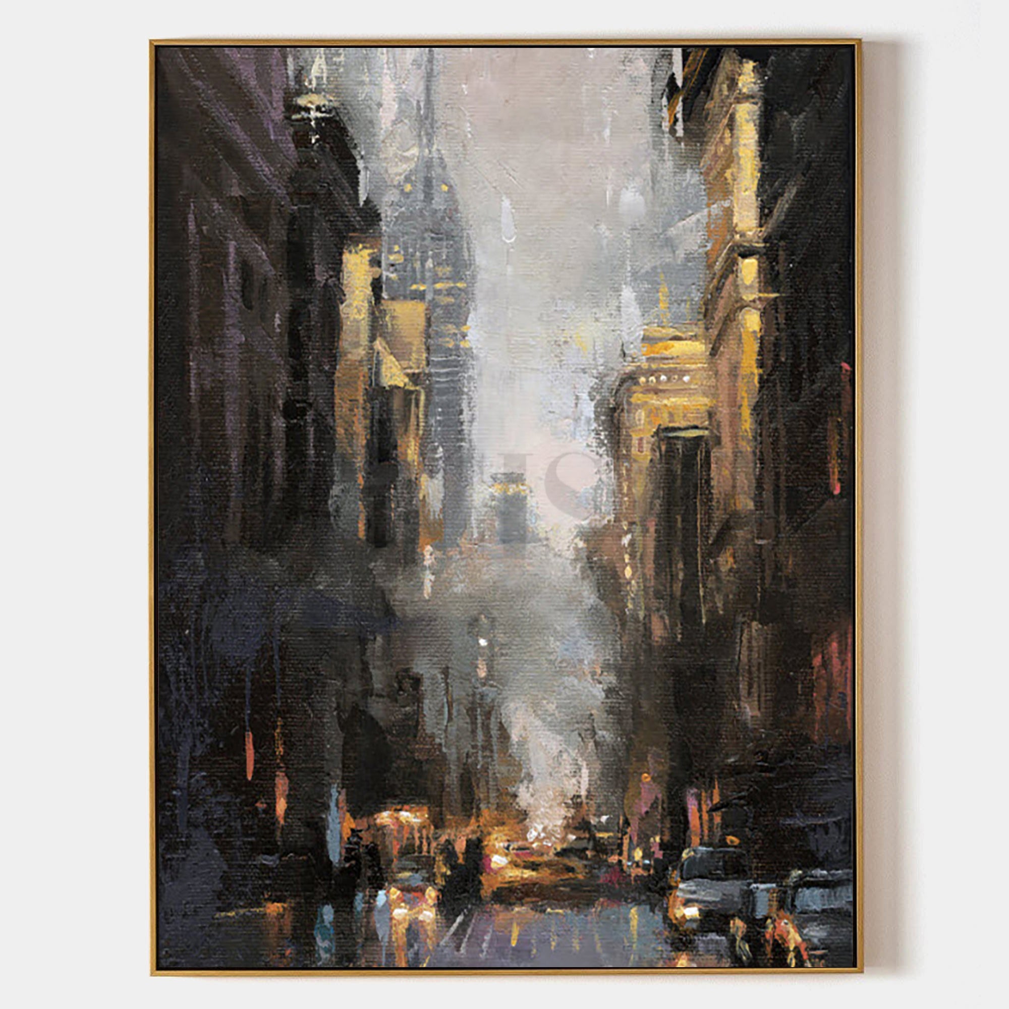 a painting of a city street at night