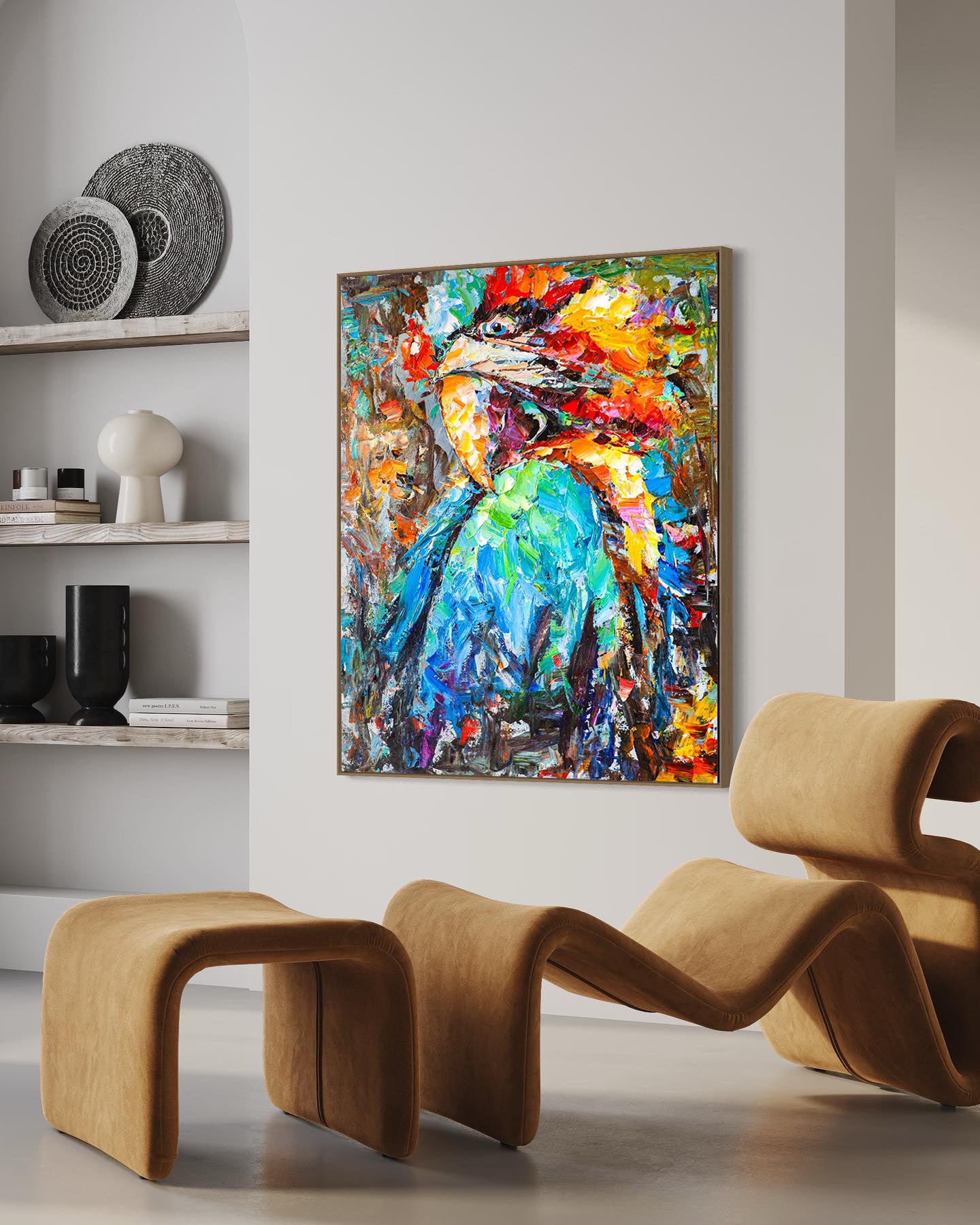 a painting of a colorful bird on a white wall