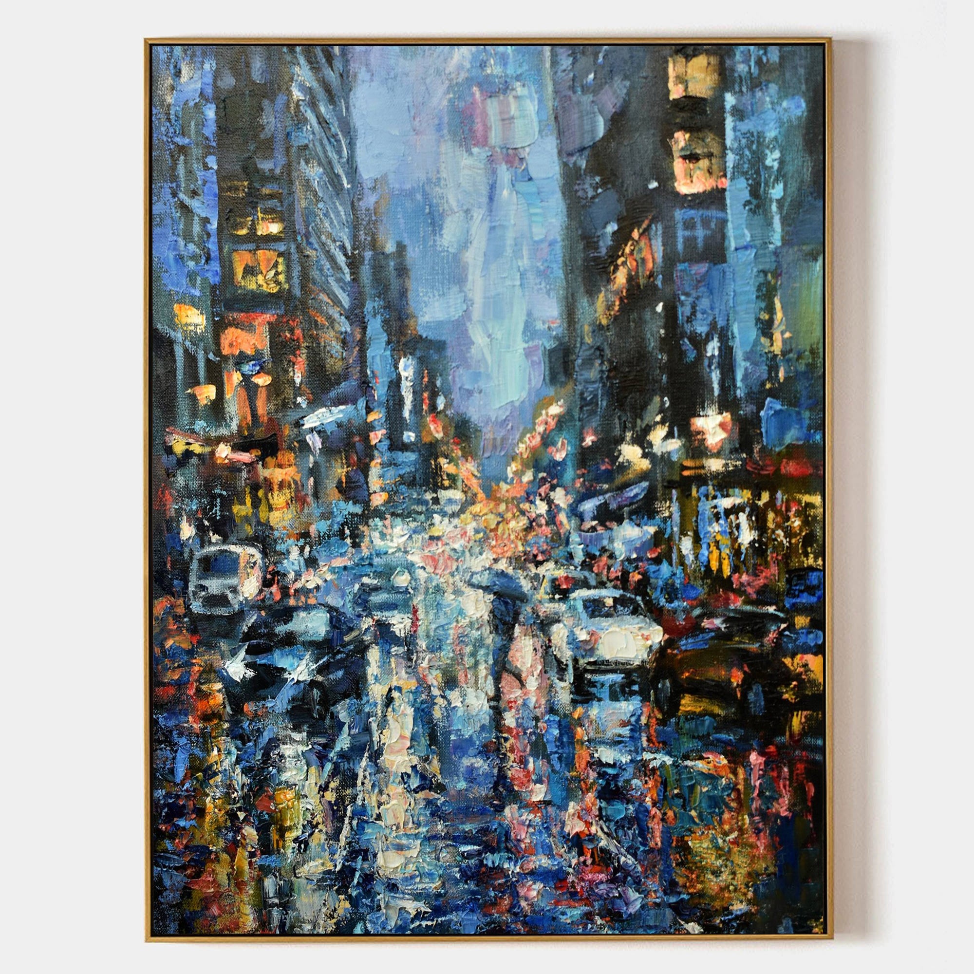 a painting of a city street filled with traffic