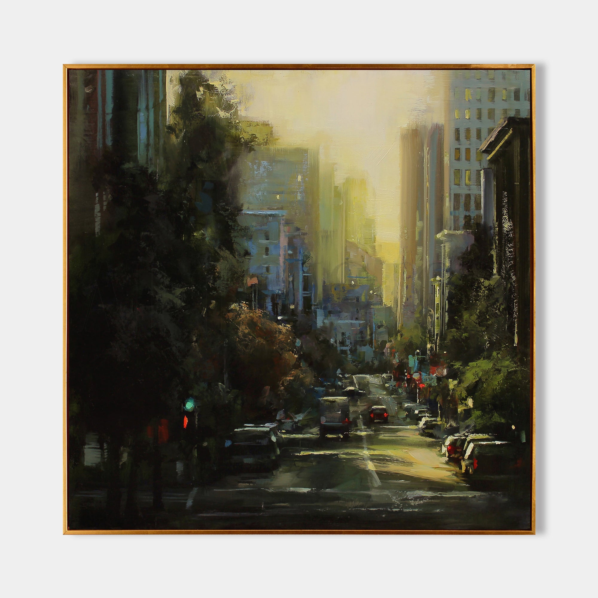 a painting of a city street at sunset