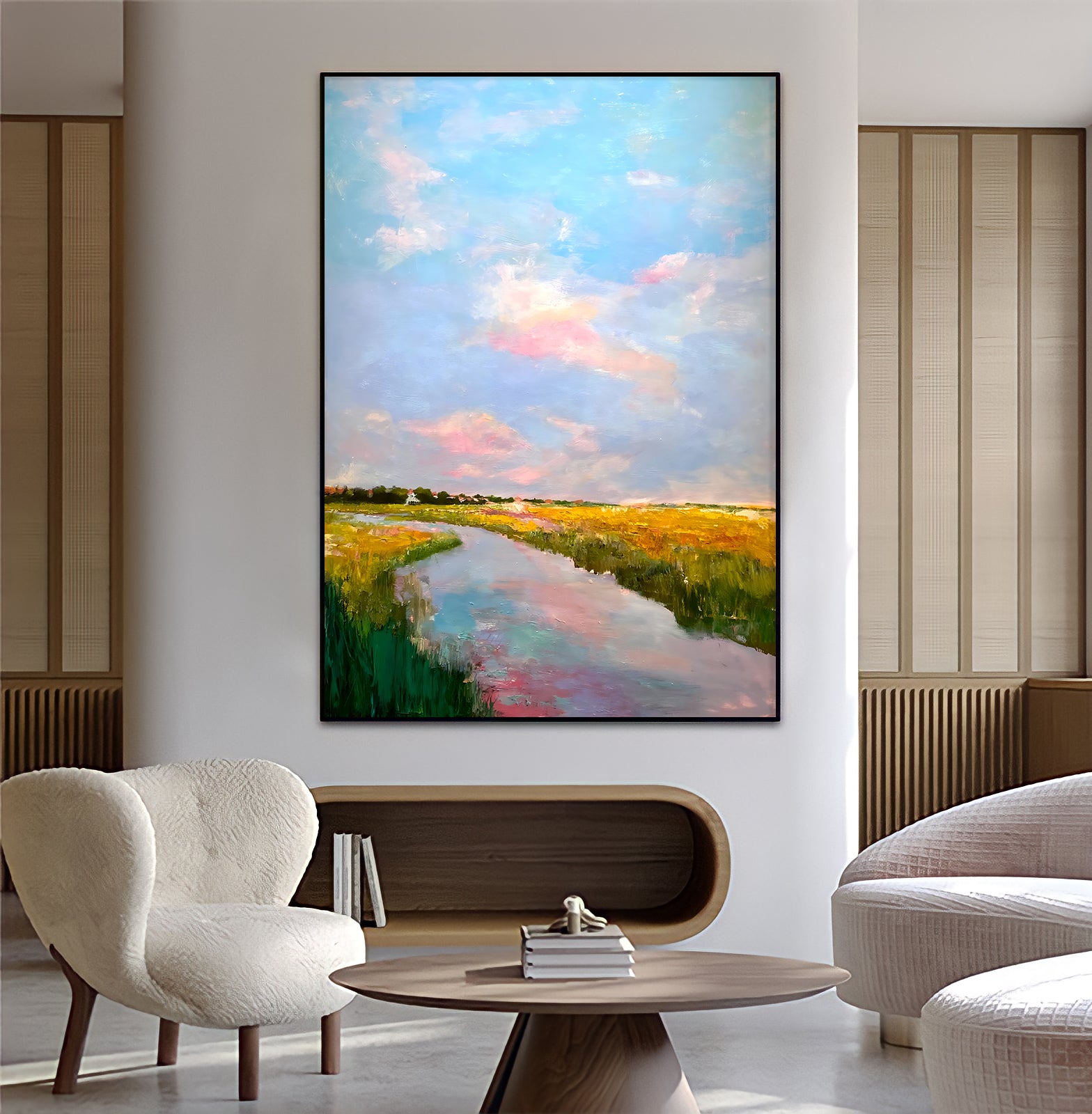 a living room with a painting on the wall