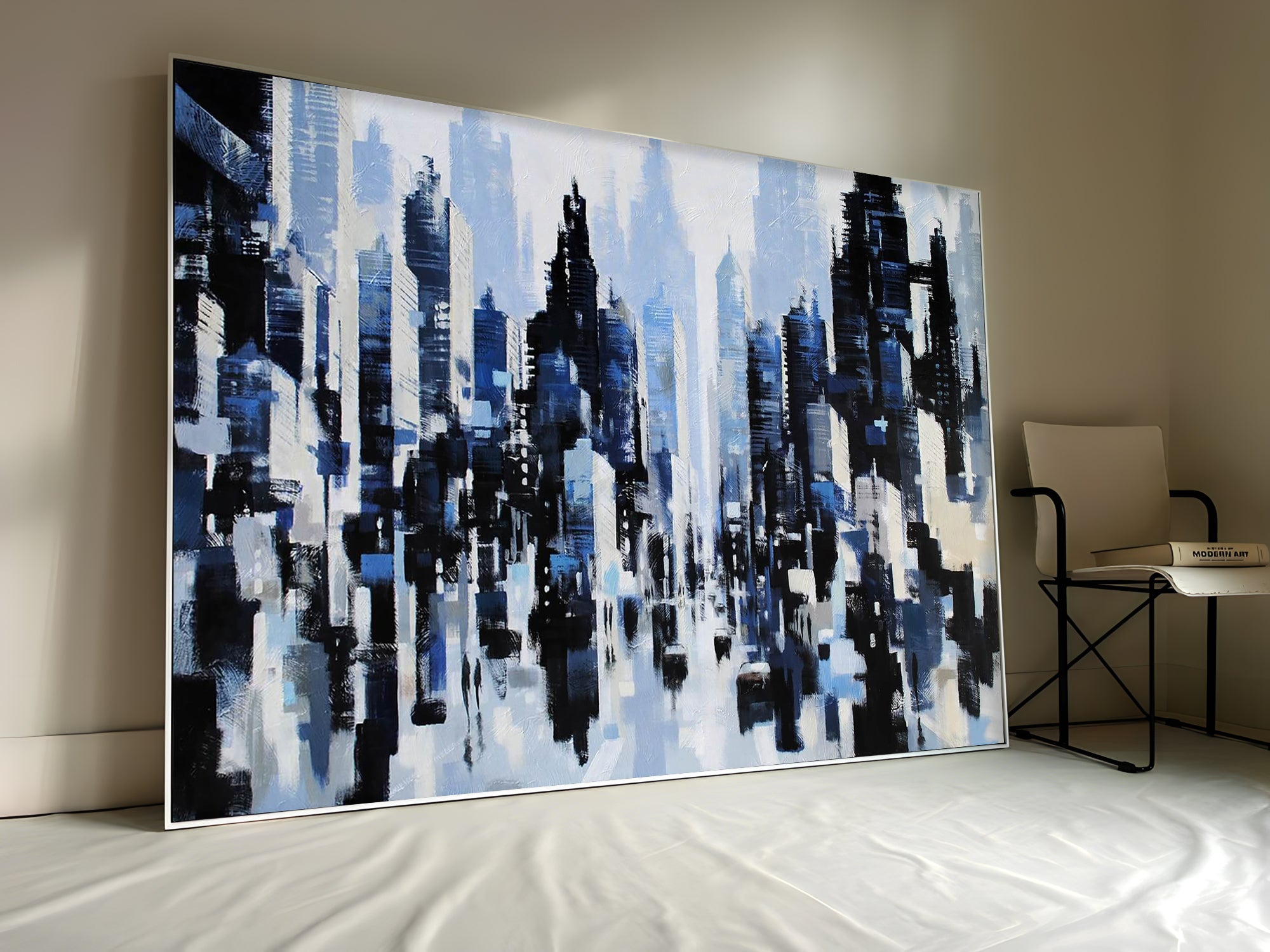a painting of a cityscape with a chair next to it