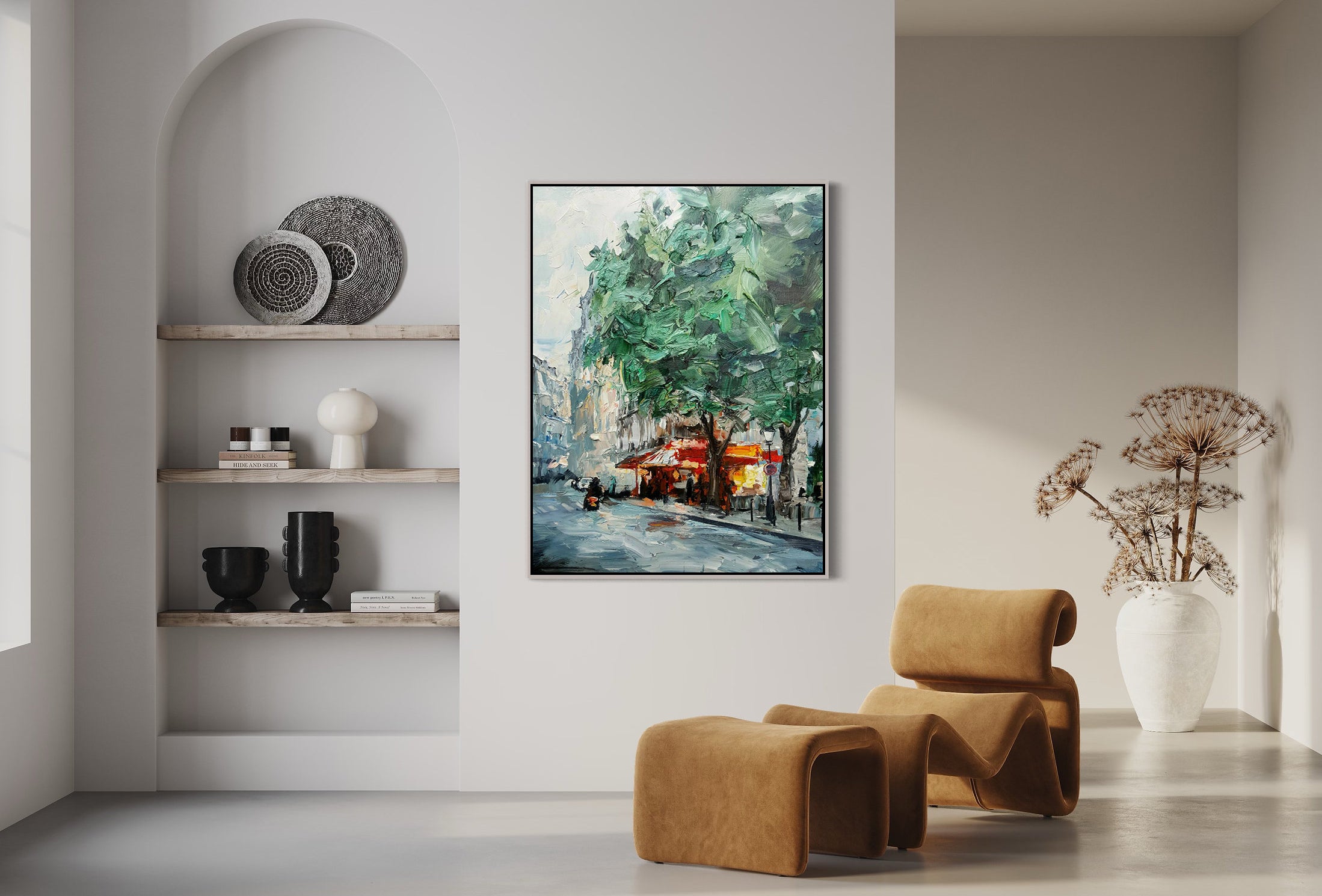 a living room with a painting on the wall