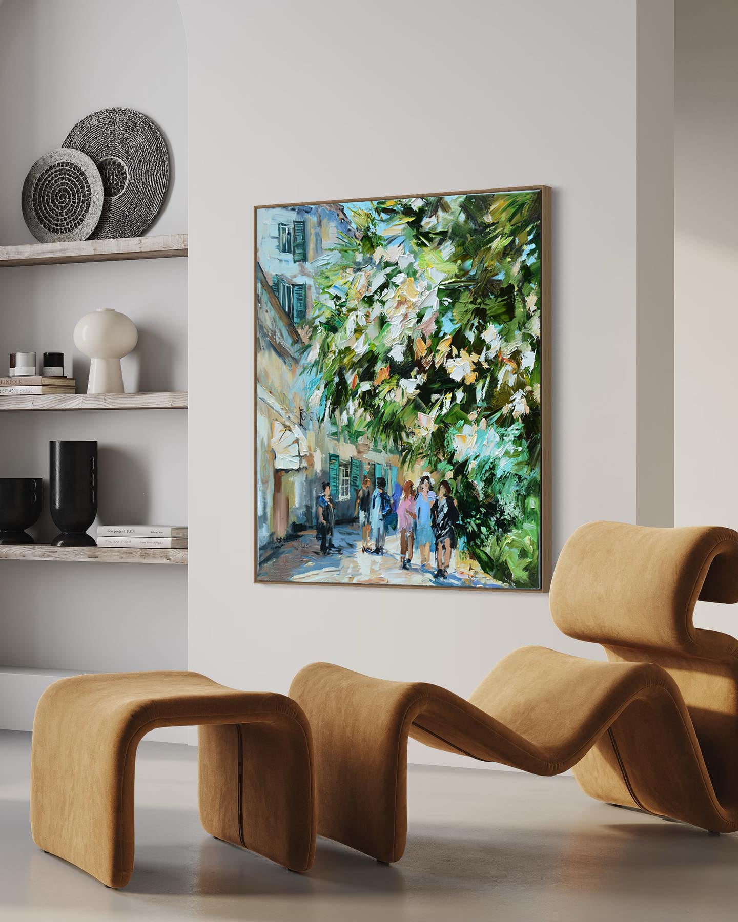 a painting hanging on the wall of a living room