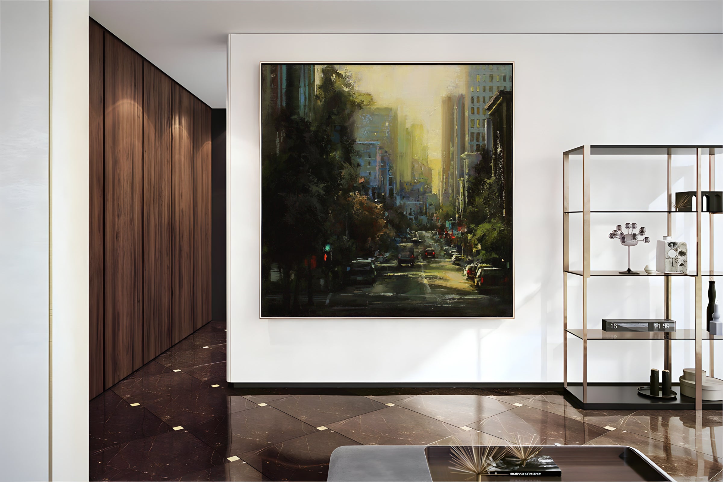 a painting hanging on a wall in a living room