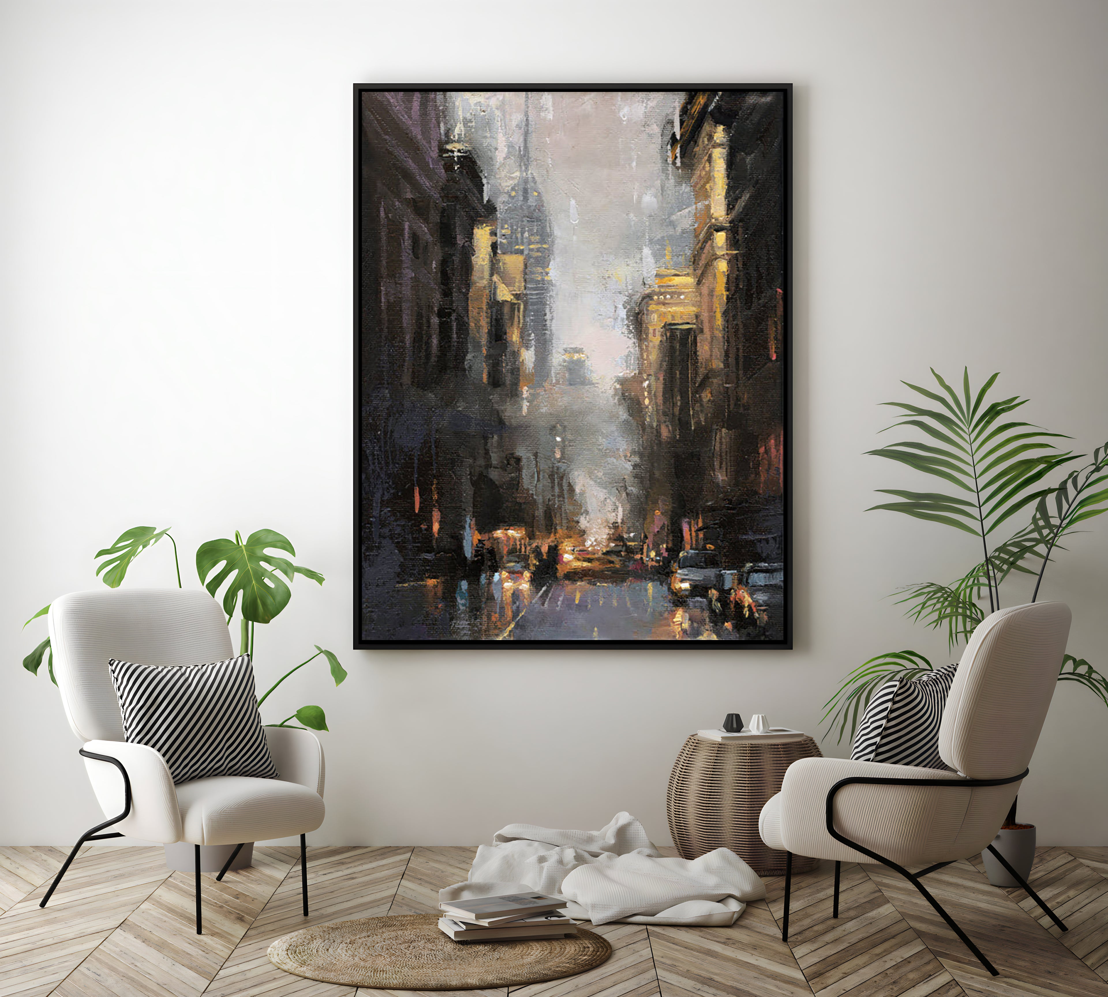 a painting of a city street at night