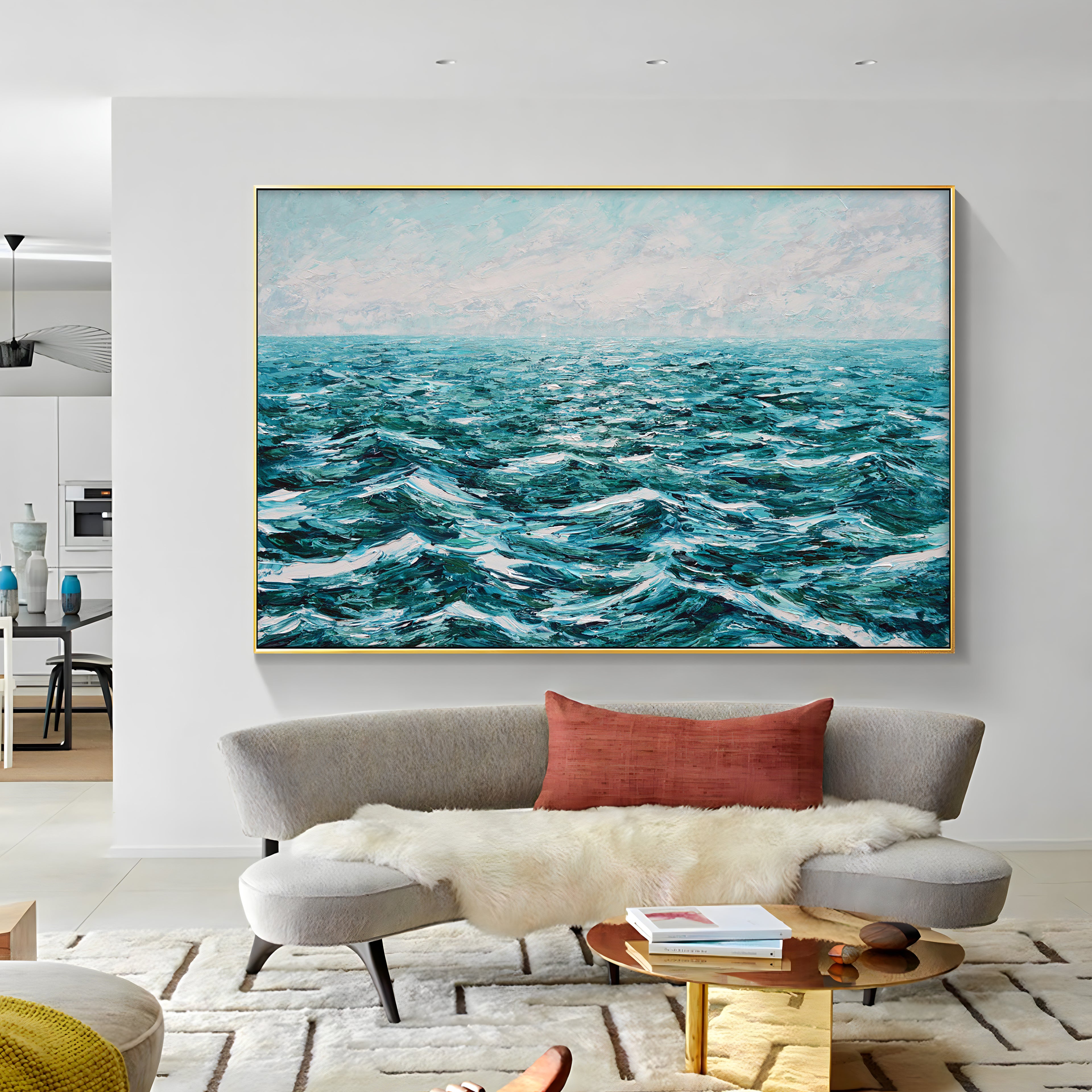 a painting hanging on the wall of a room