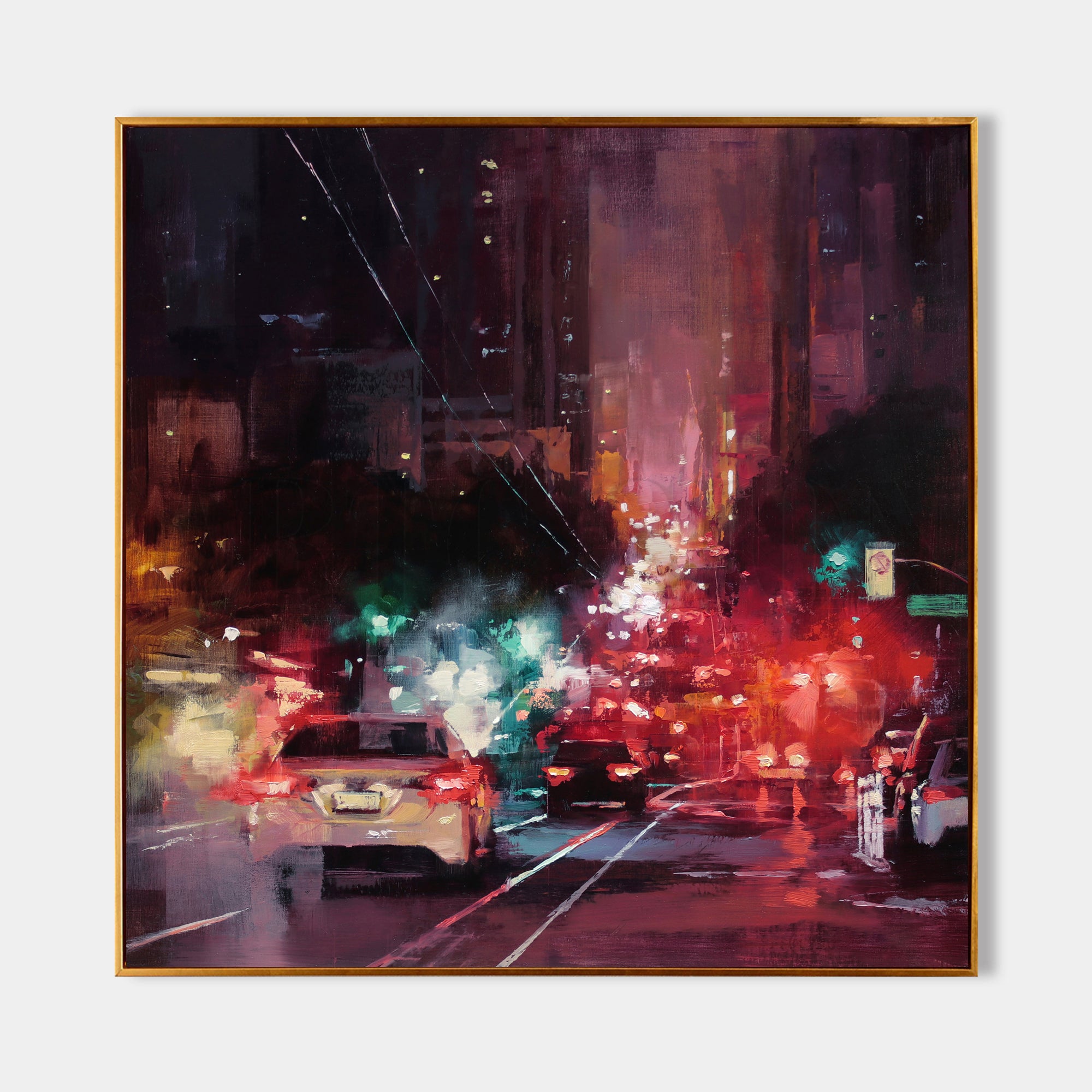 a painting of a city street at night