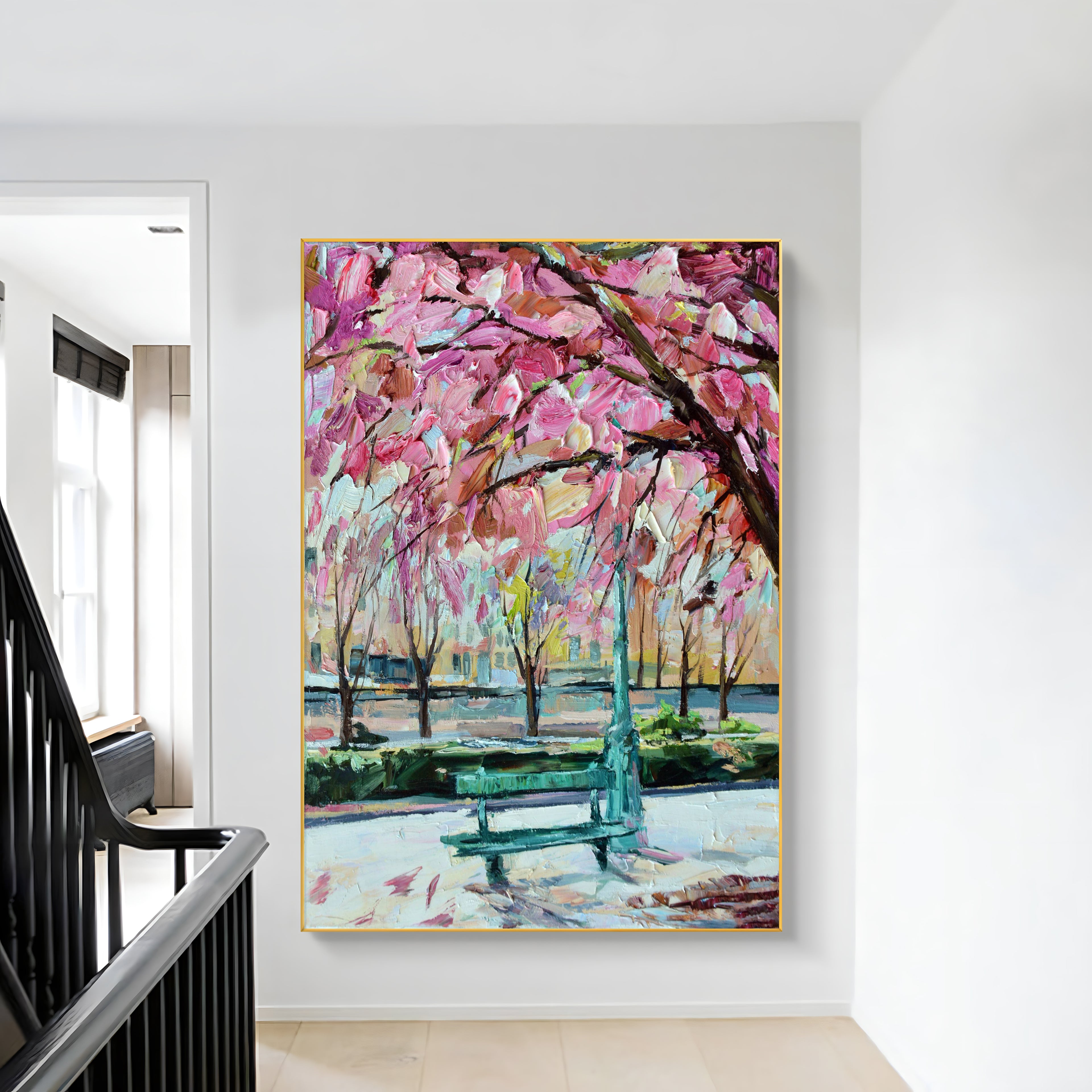 a painting of a park bench on a white wall