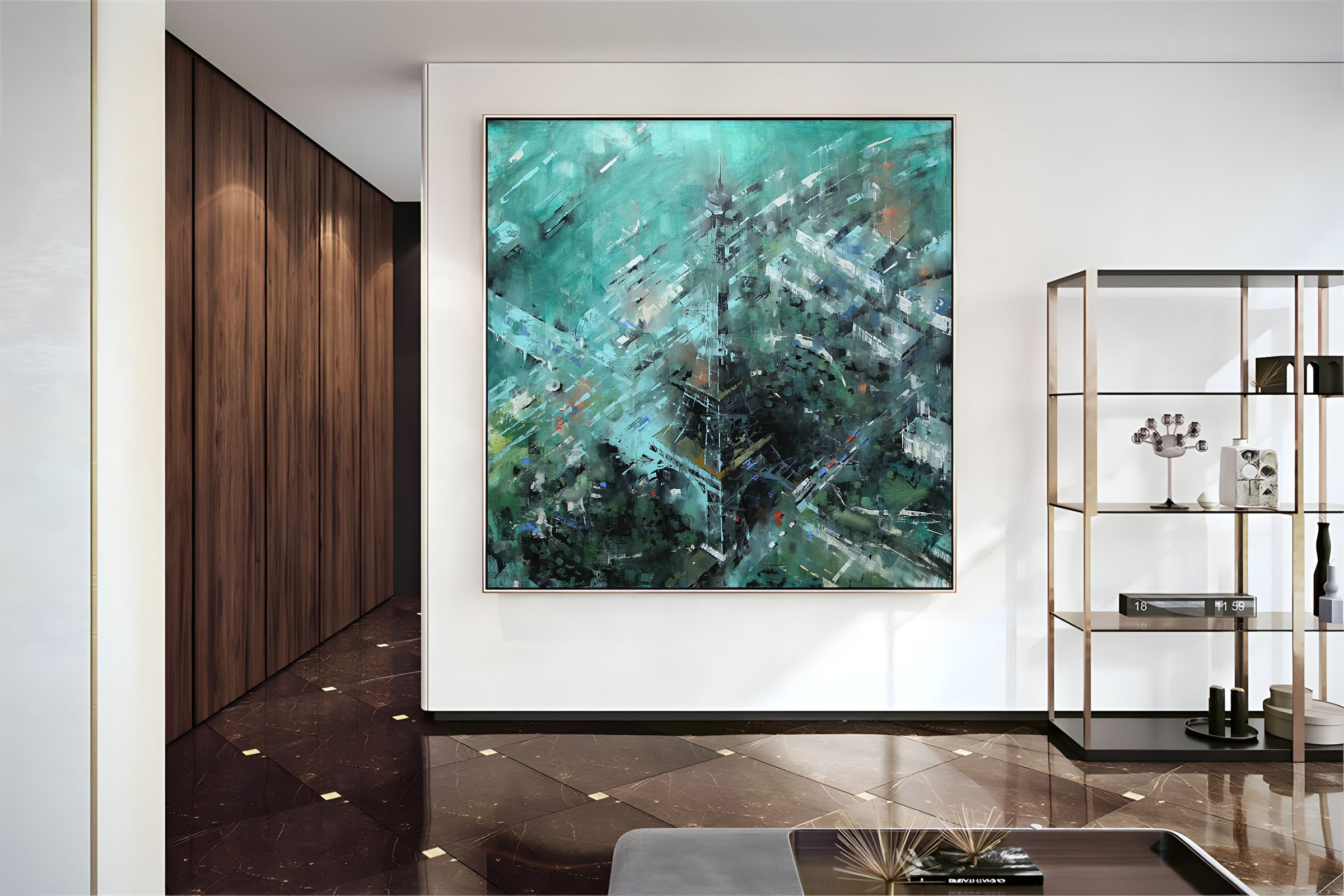 a painting hanging on a wall in a room