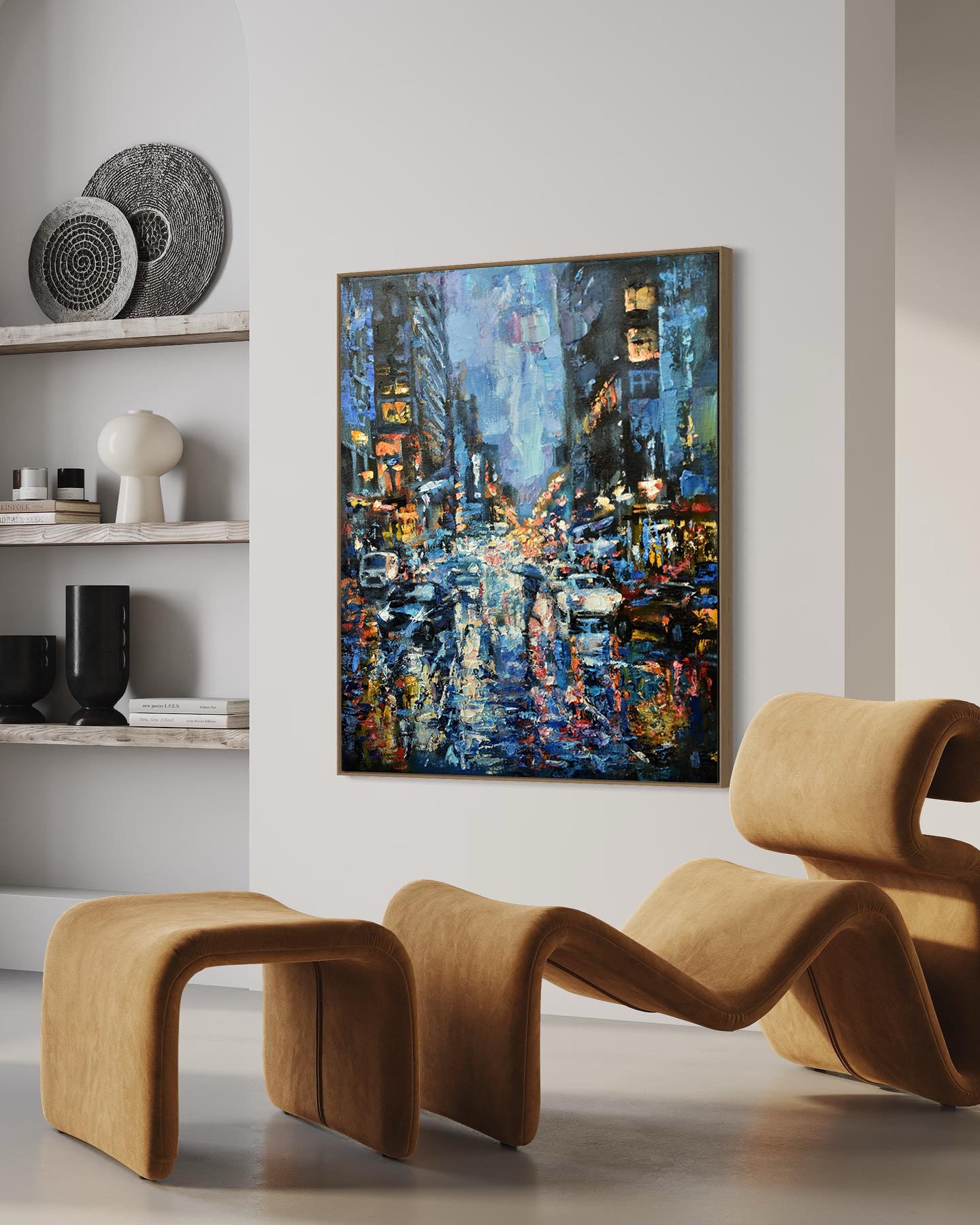 a painting of a city street at night