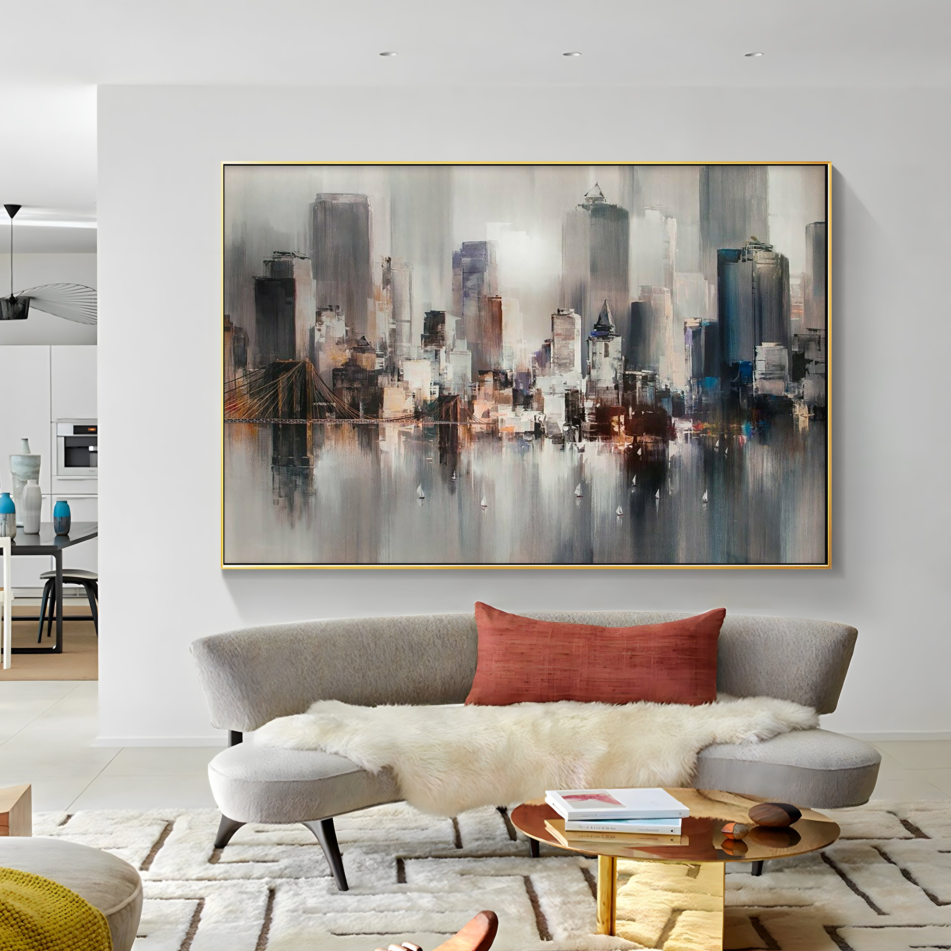 a painting hanging on the wall of a room