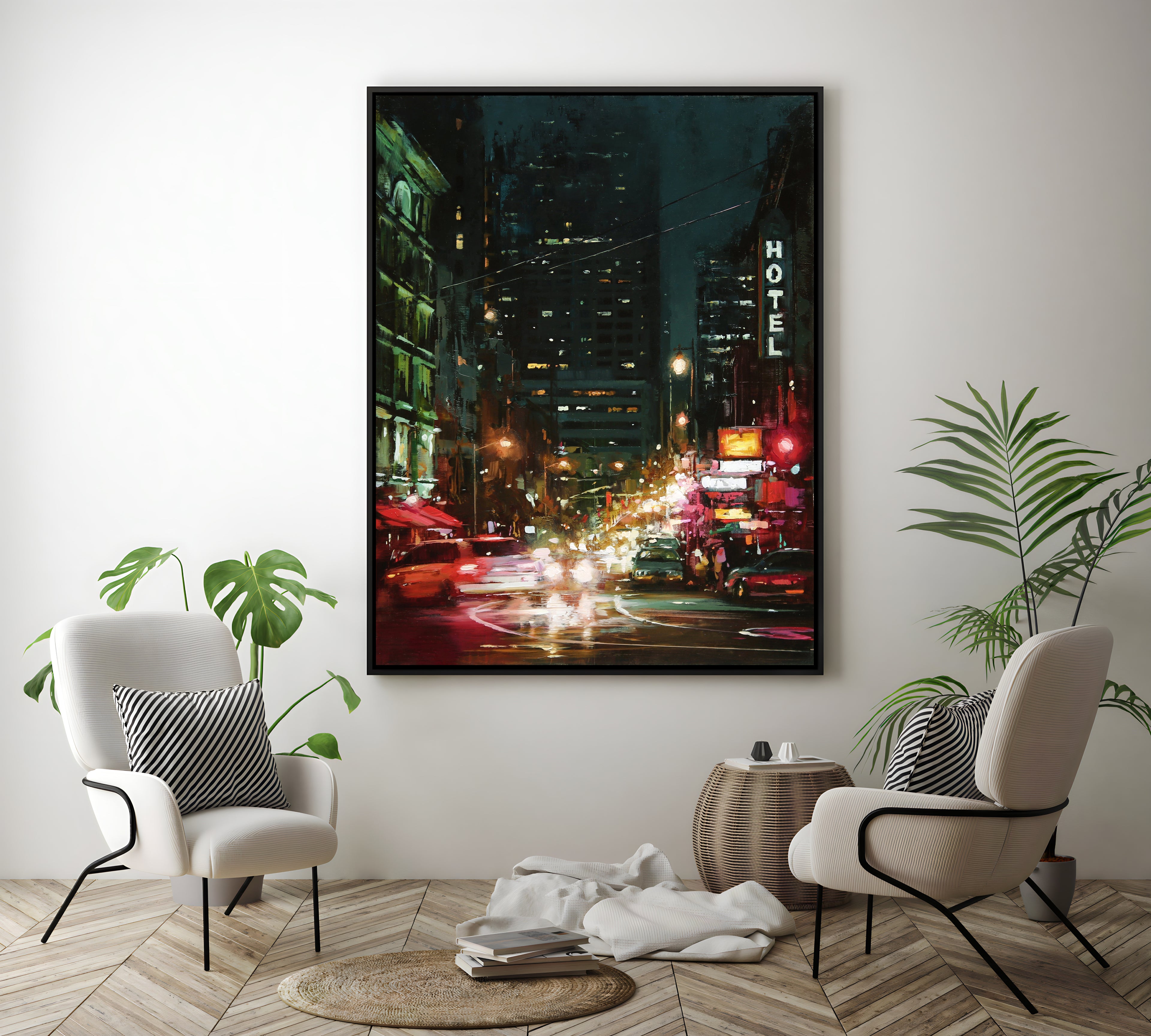 a painting of a city street at night