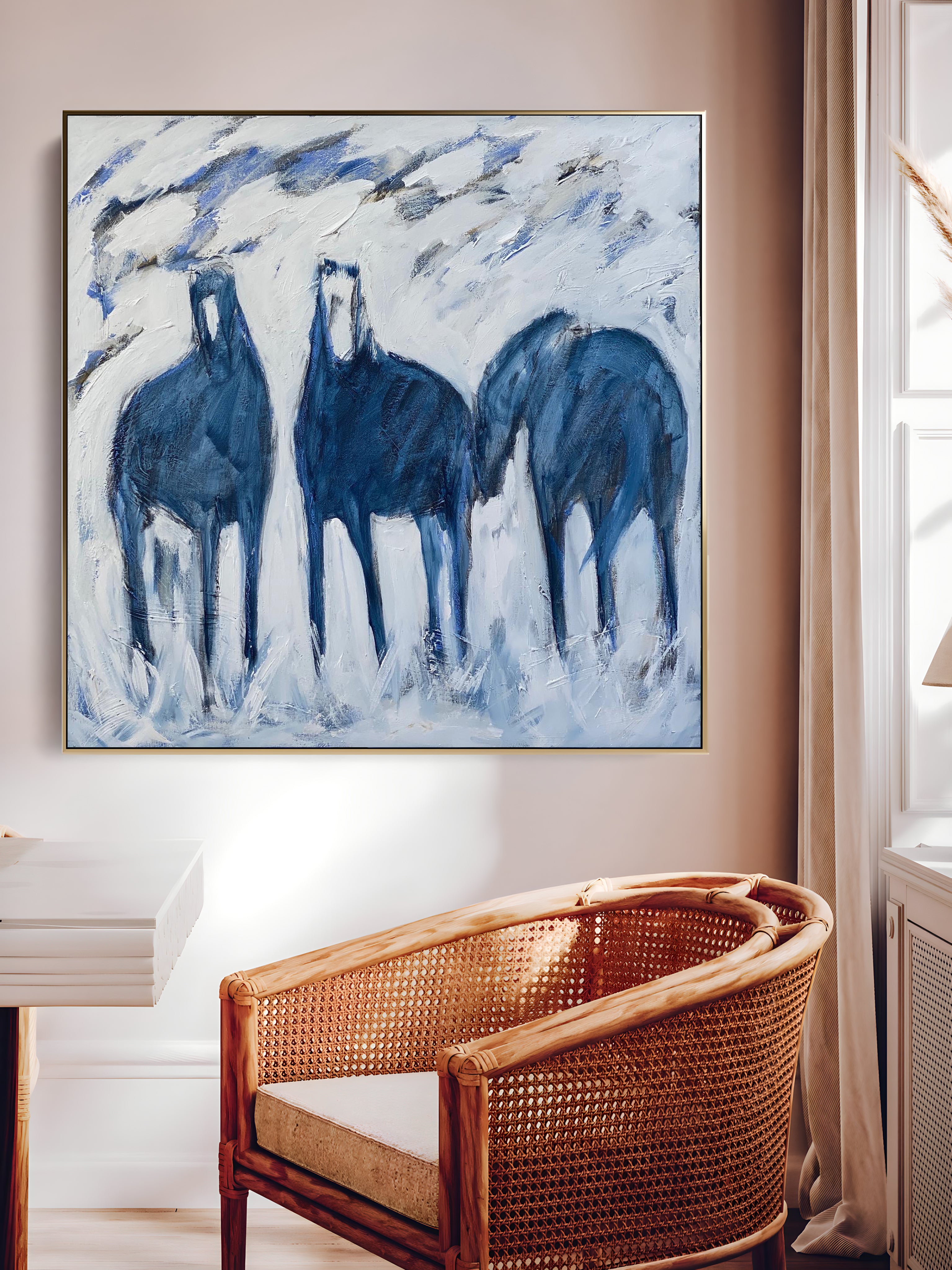 a painting of three horses in a room