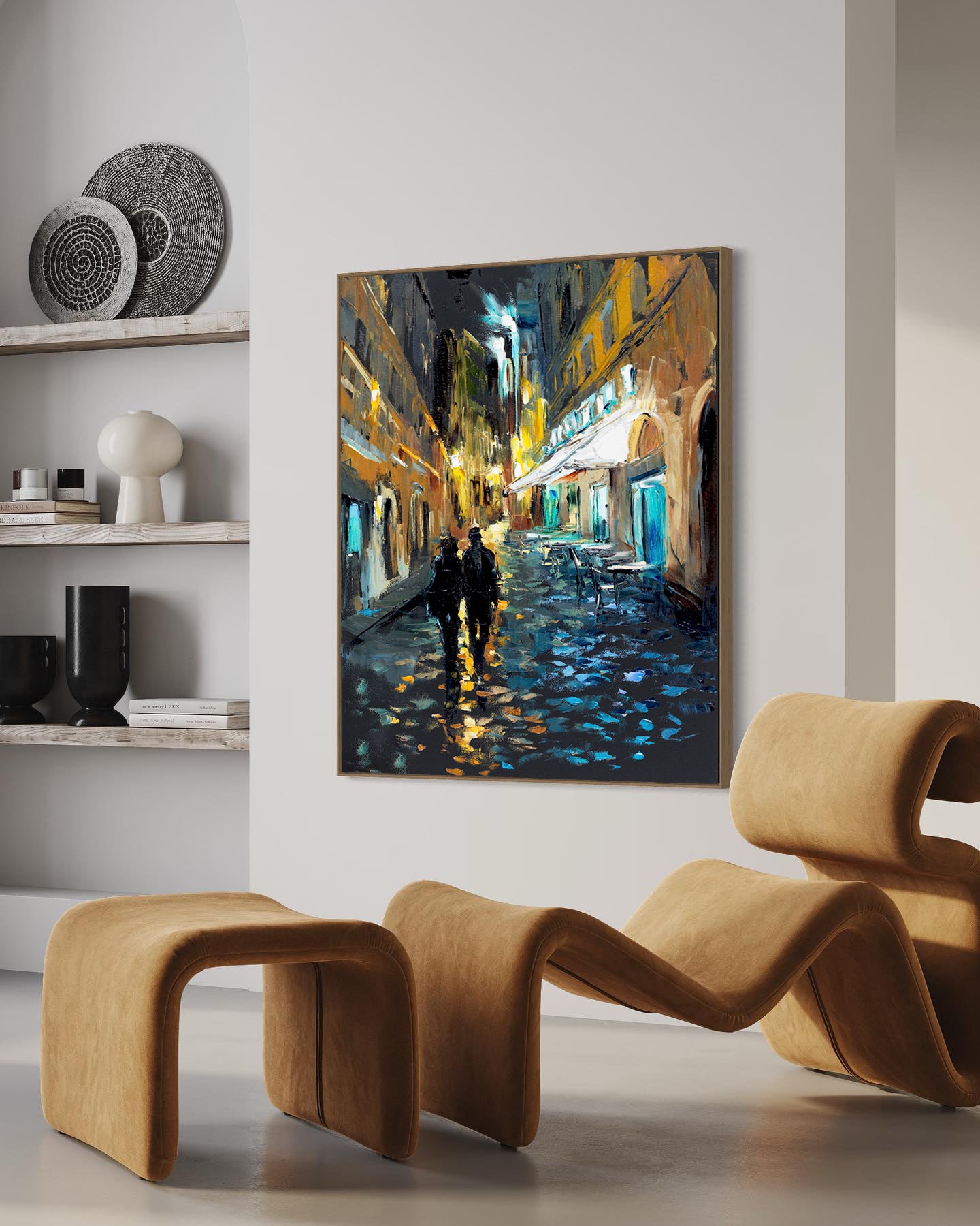 a painting of two people walking down a street