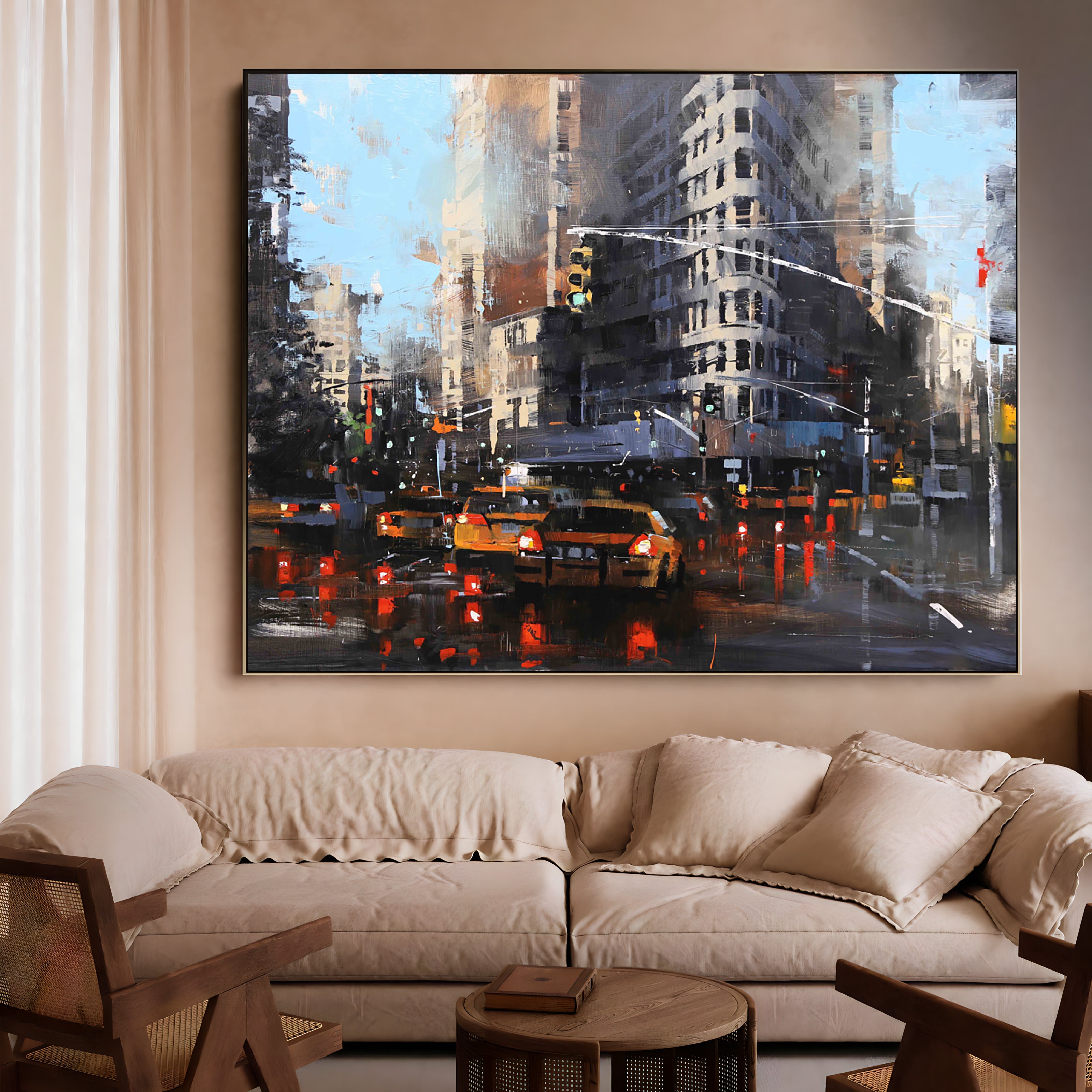 a living room filled with furniture and a painting on the wall