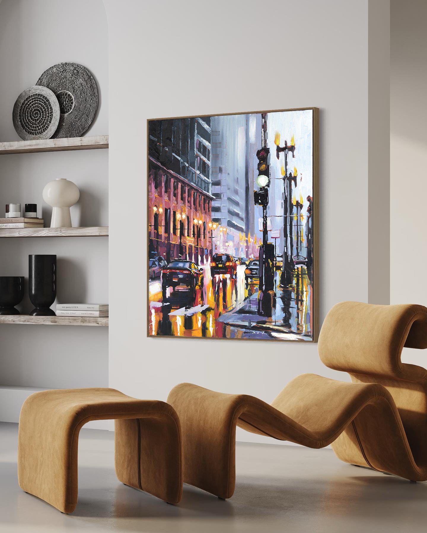 a painting of a city street at night