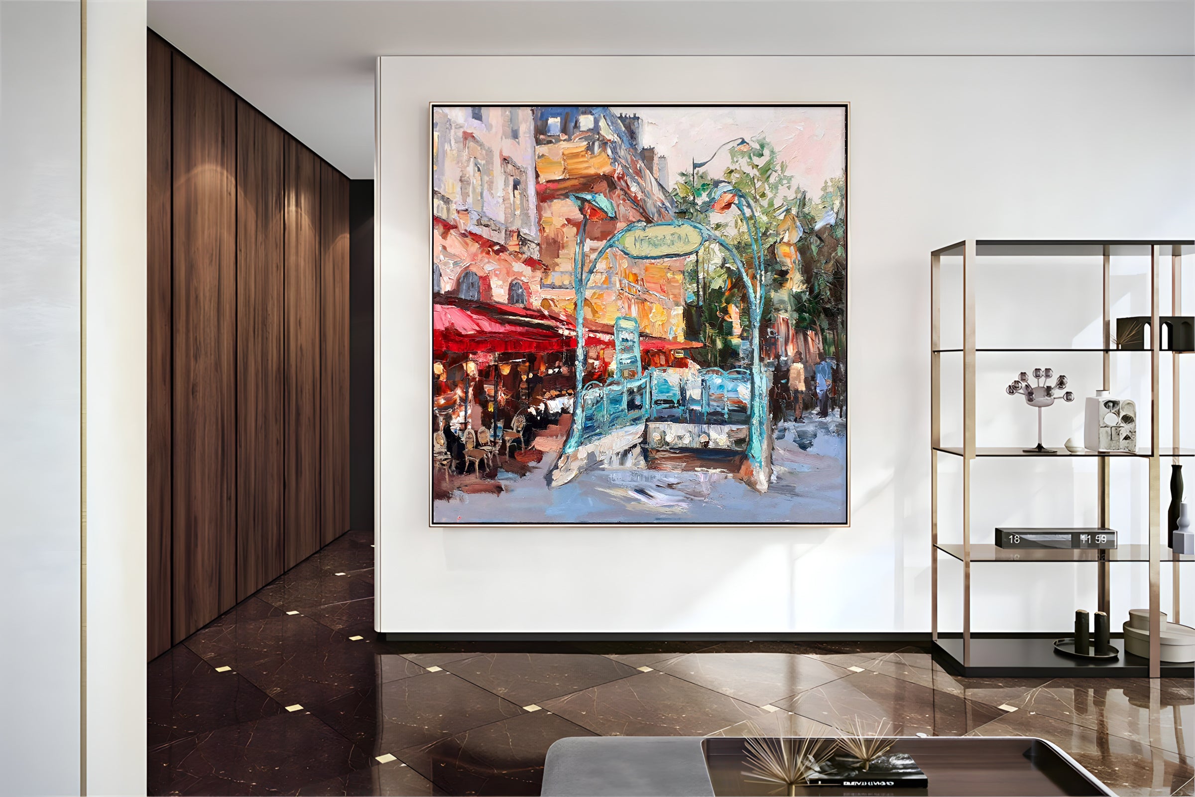a painting hanging on a wall in a room