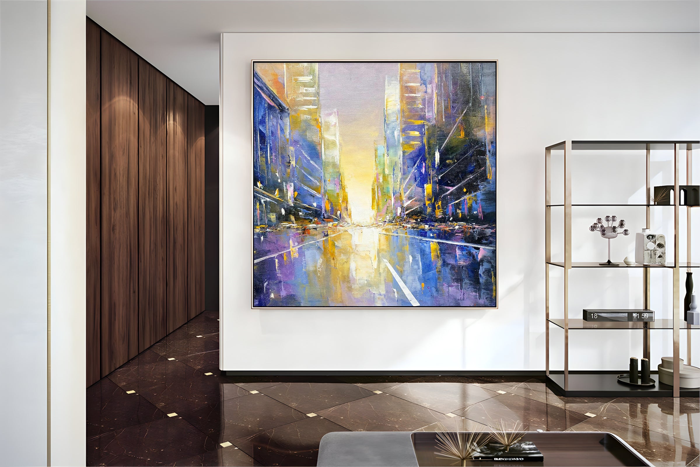 a painting of a cityscape is hanging on a wall