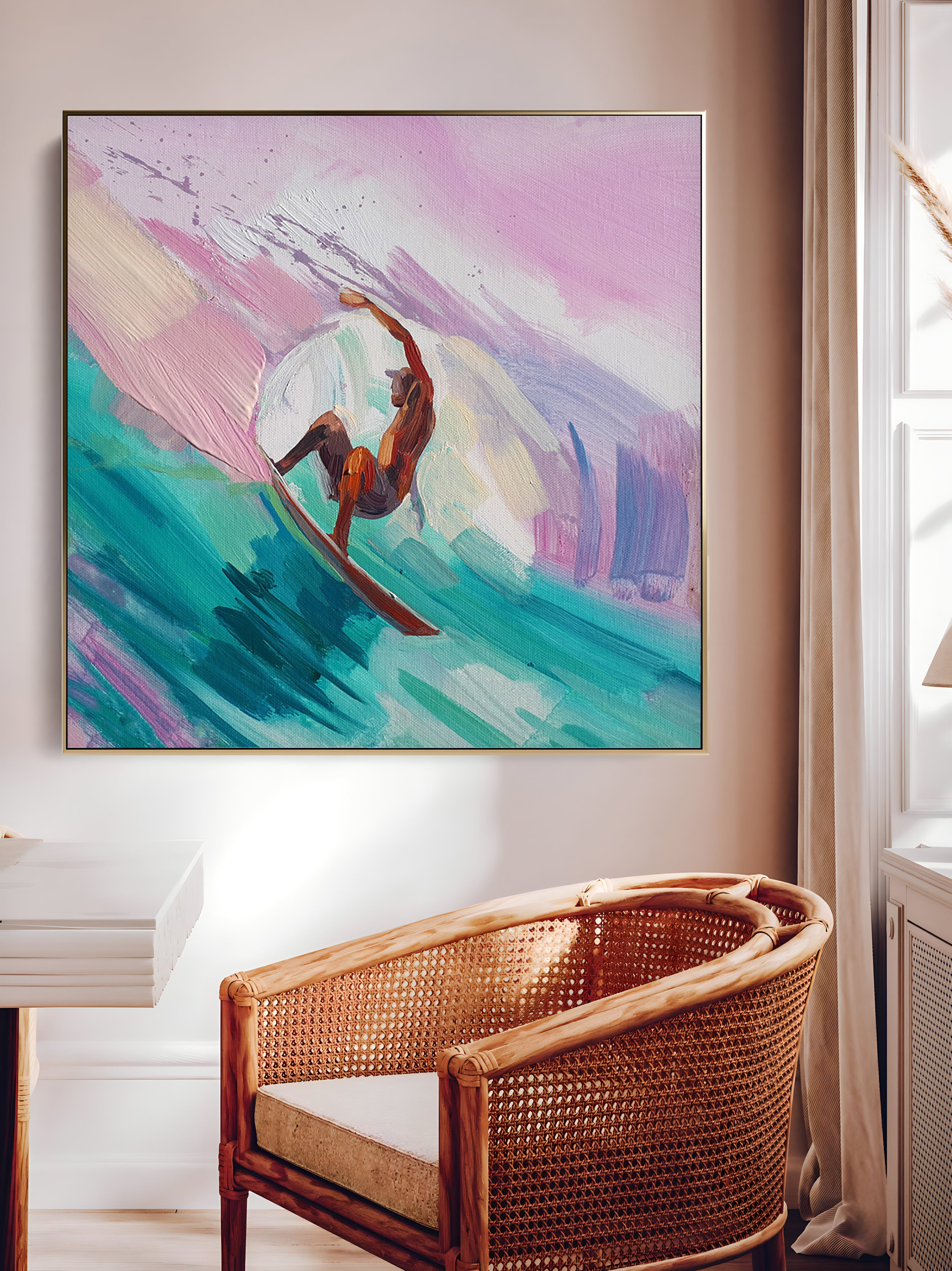 a painting of a surfer riding a wave