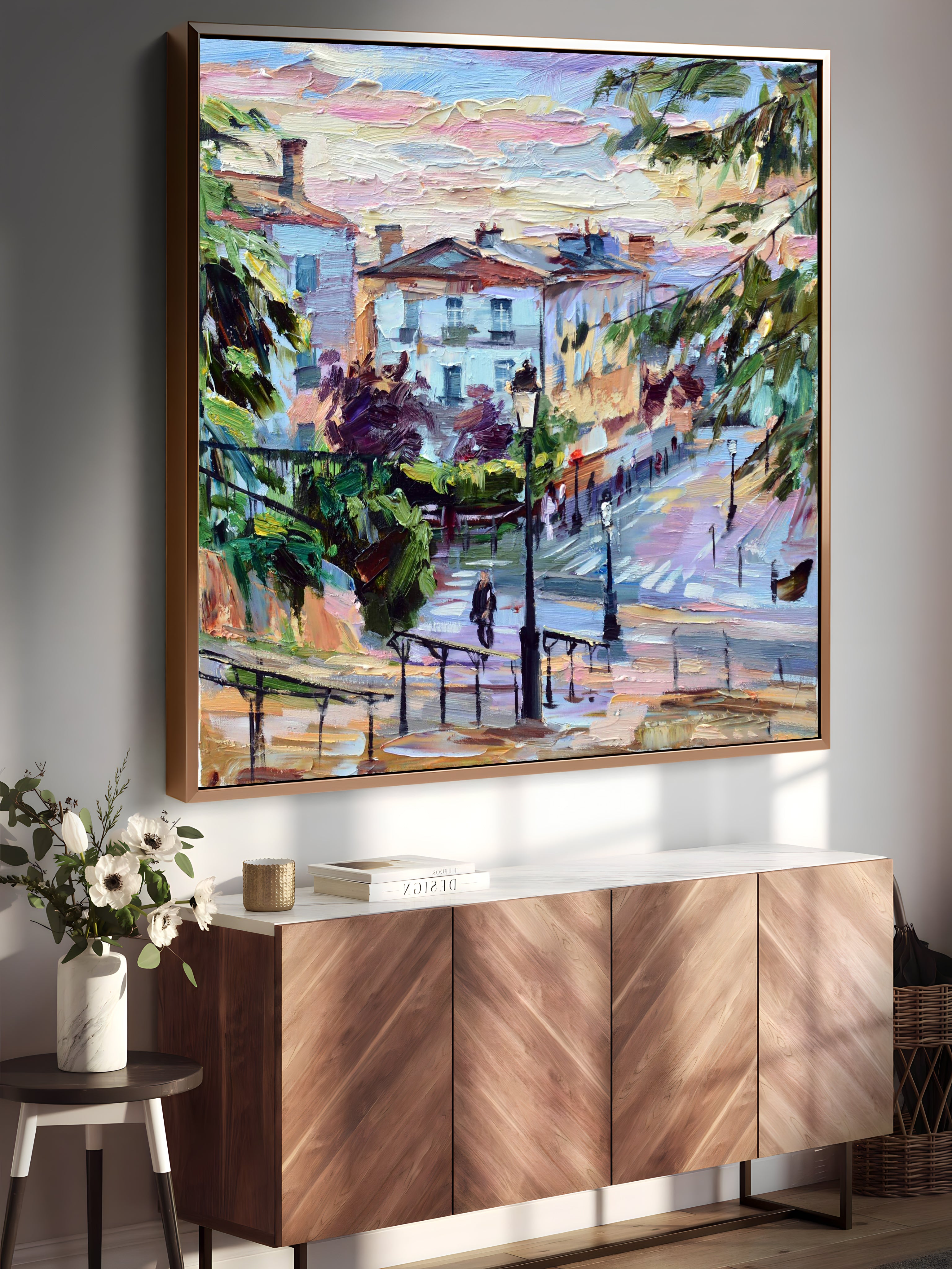a painting hanging on a wall above a sideboard