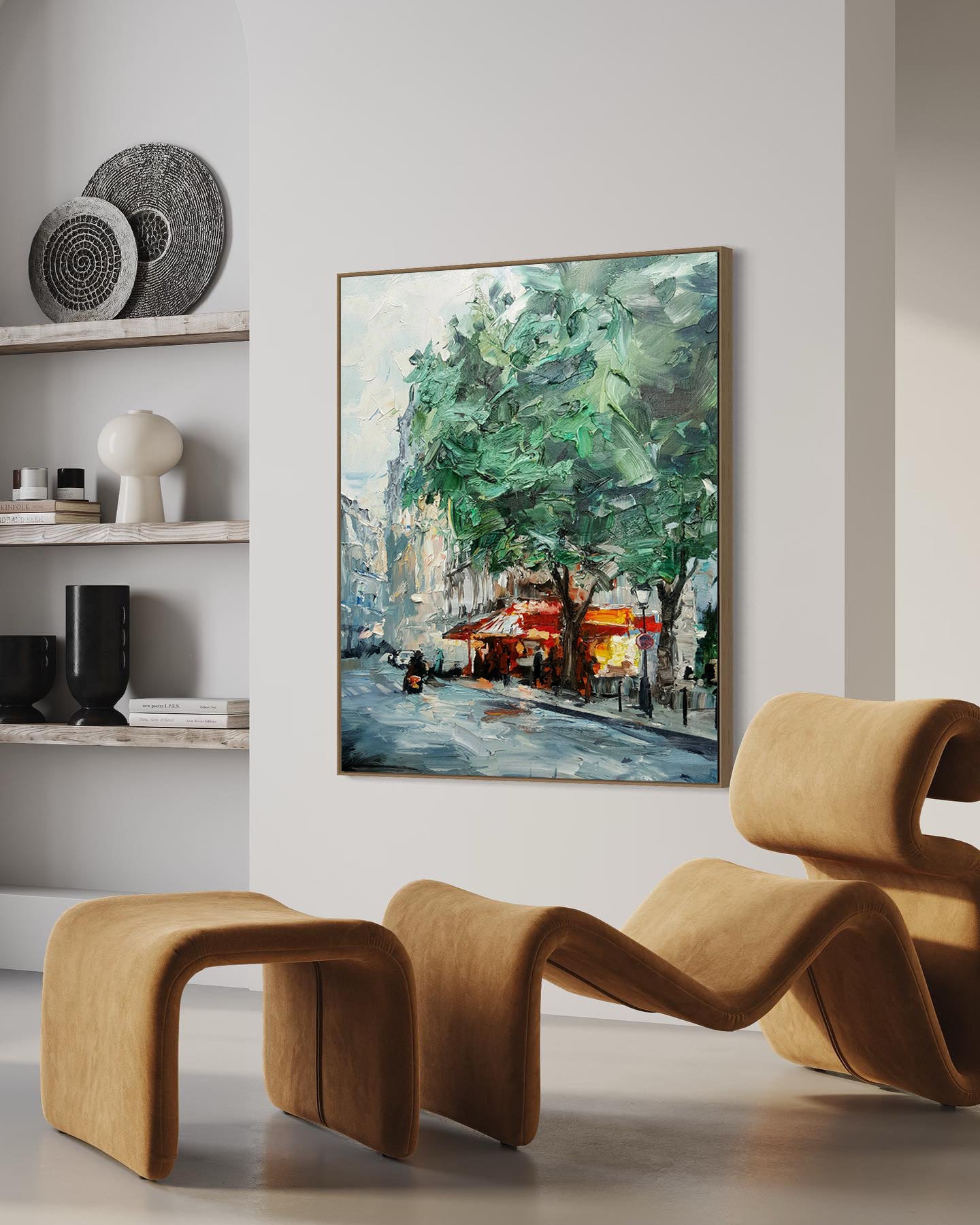 a living room with a painting on the wall