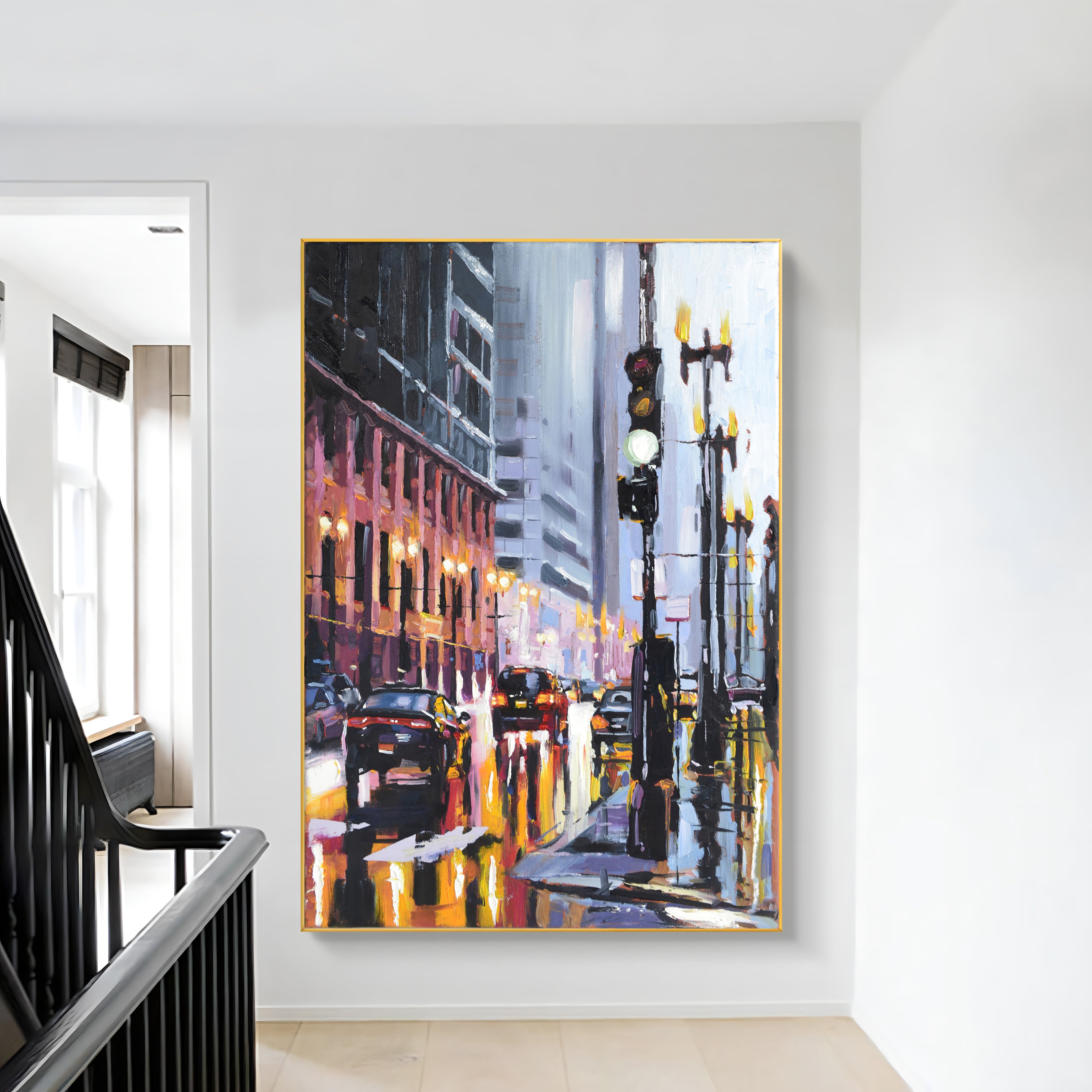 a painting of a city street at night