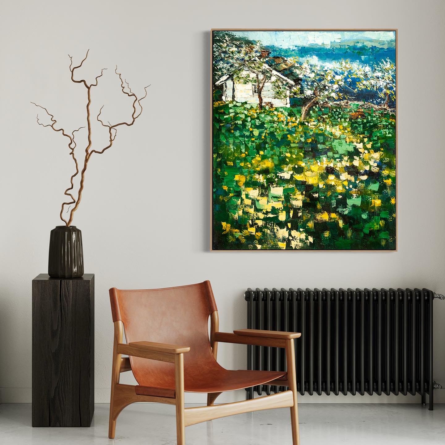 a painting on a wall next to a chair and a radiator