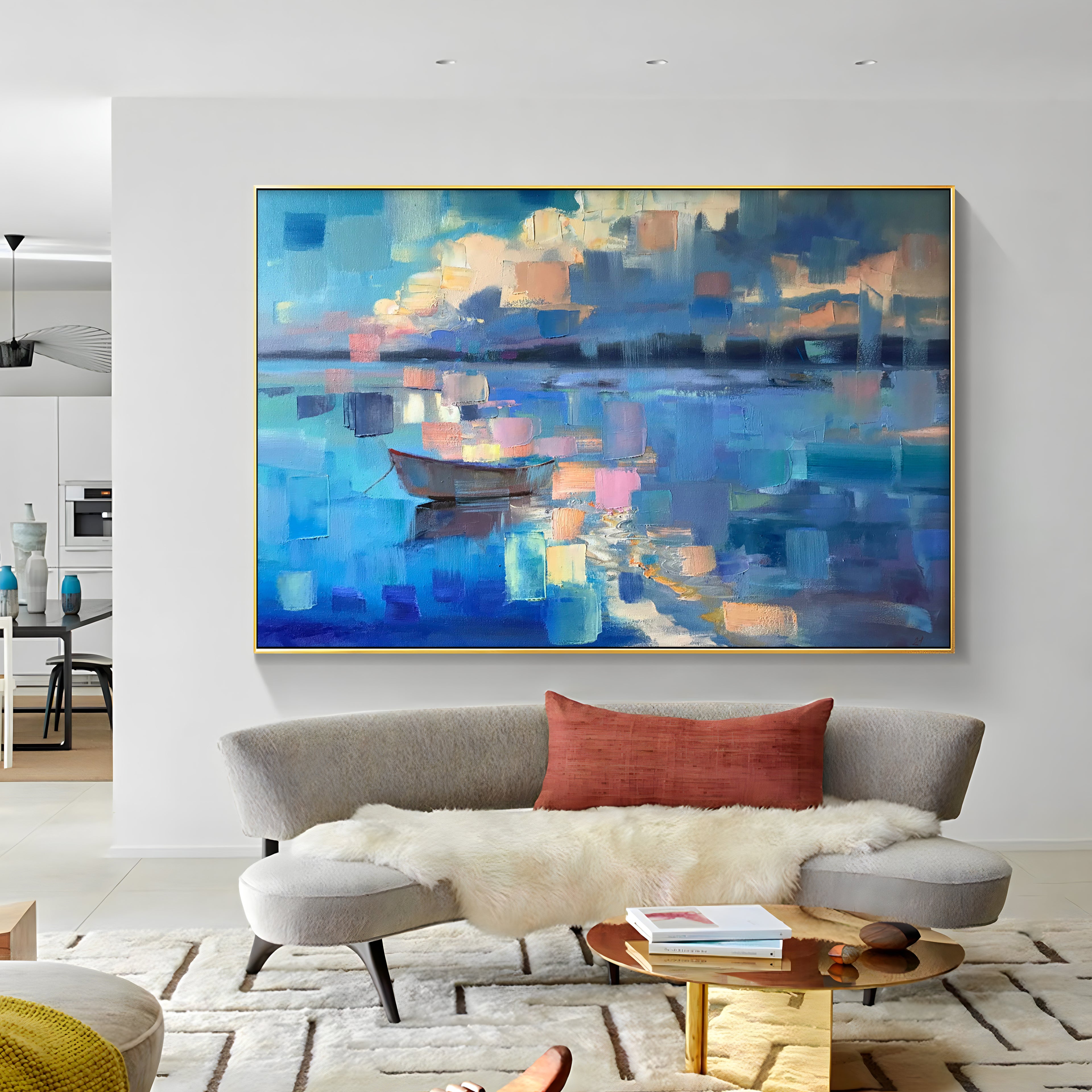 a painting hanging on the wall of a room