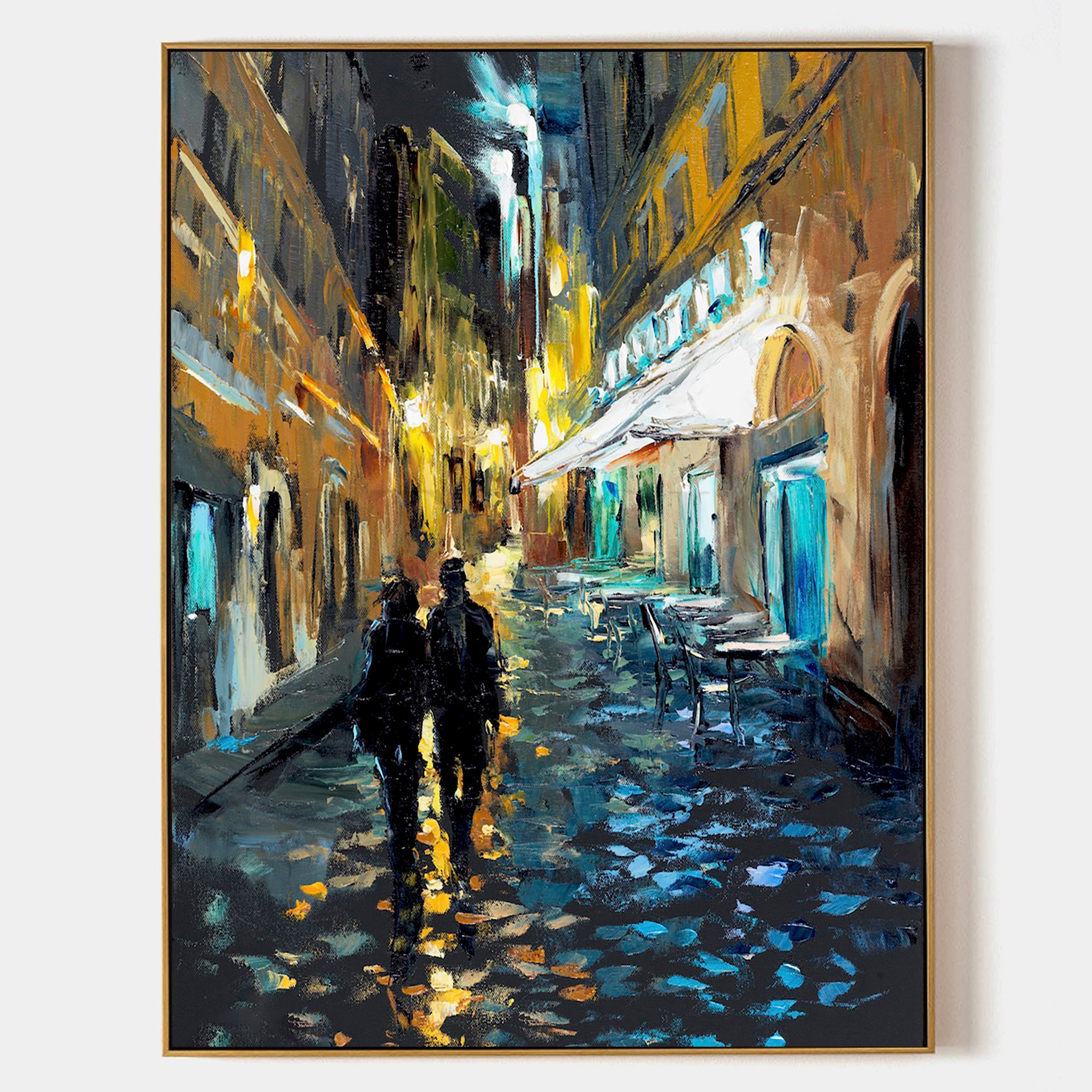 a painting of two people walking down a street