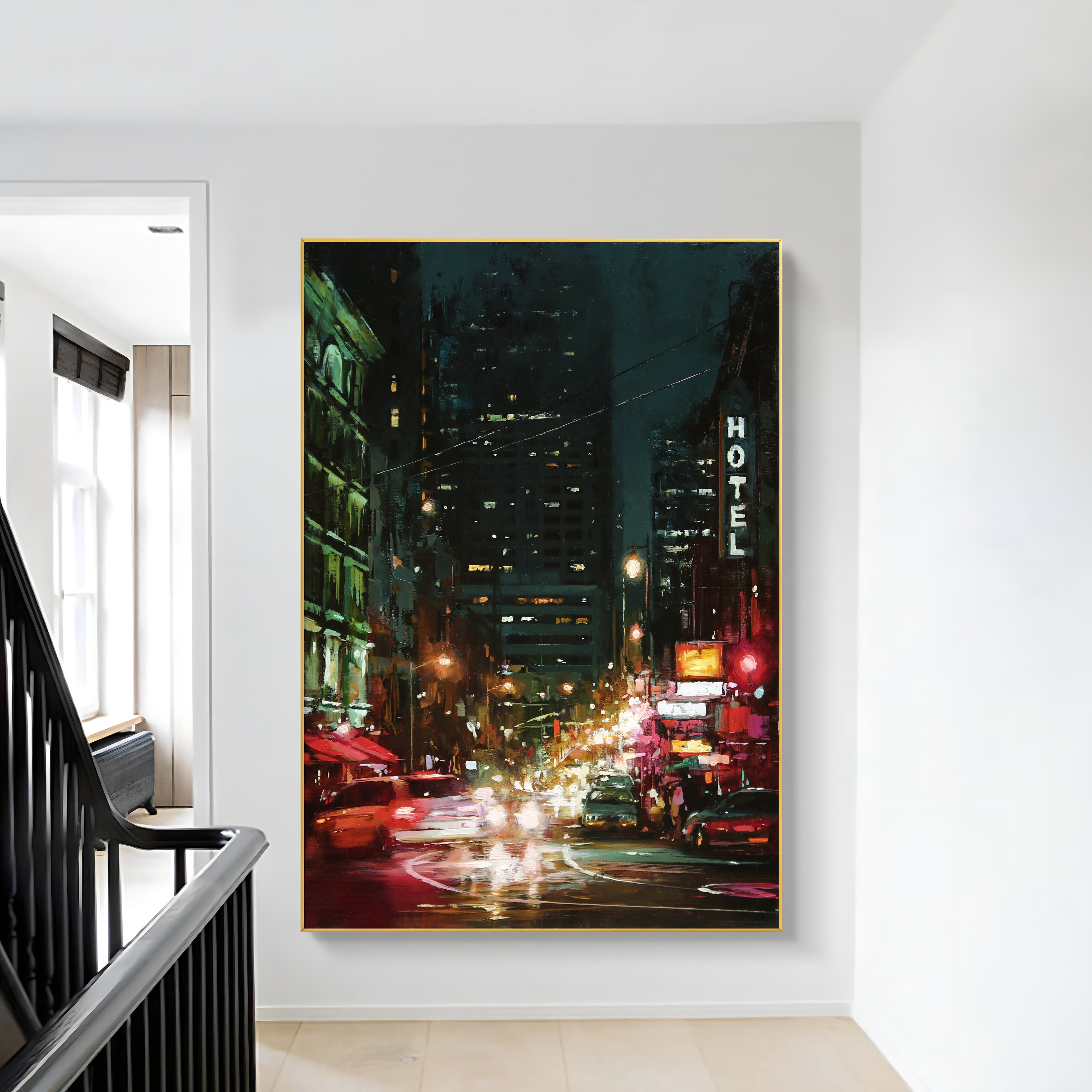 a painting of a city street at night