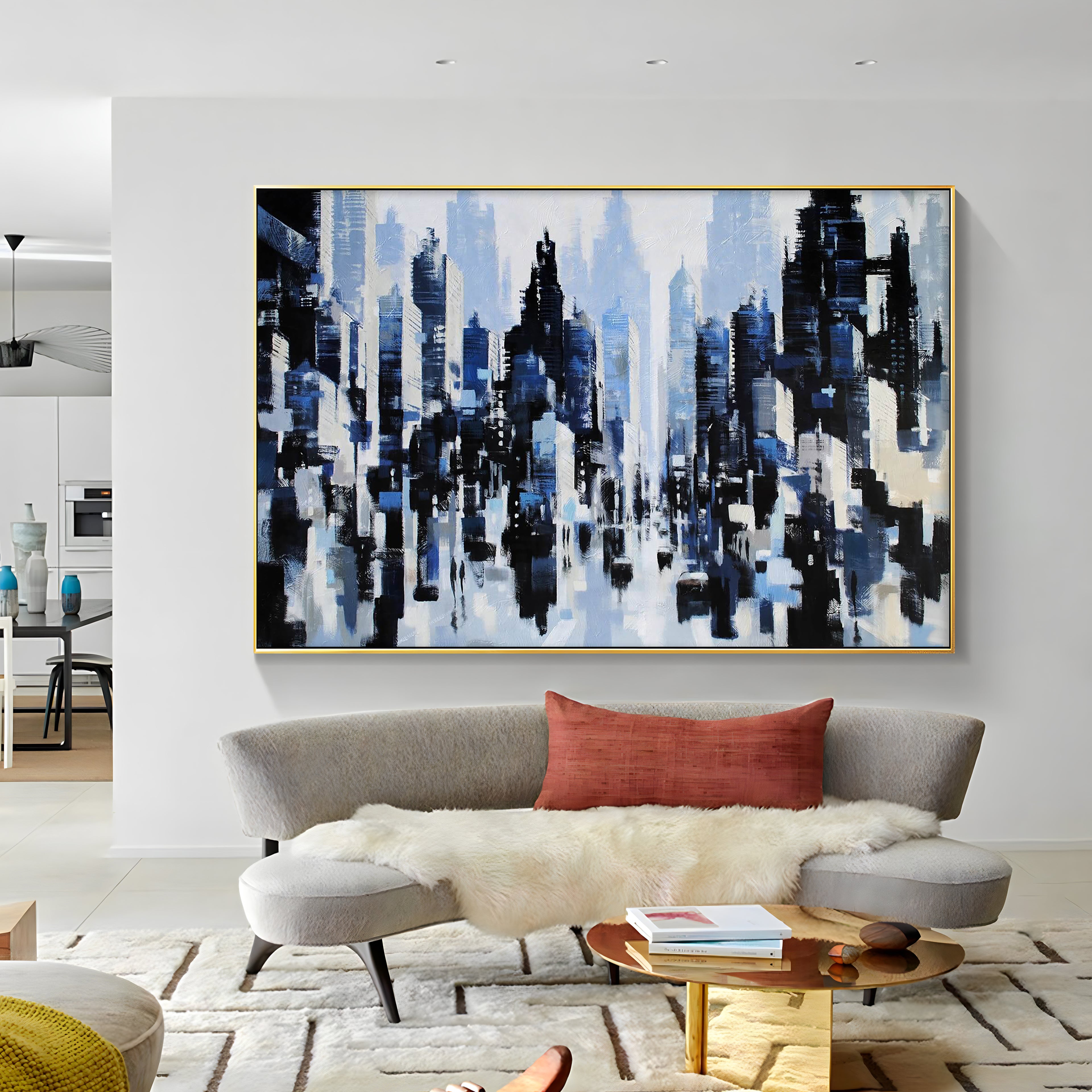 a painting hanging on the wall of a room