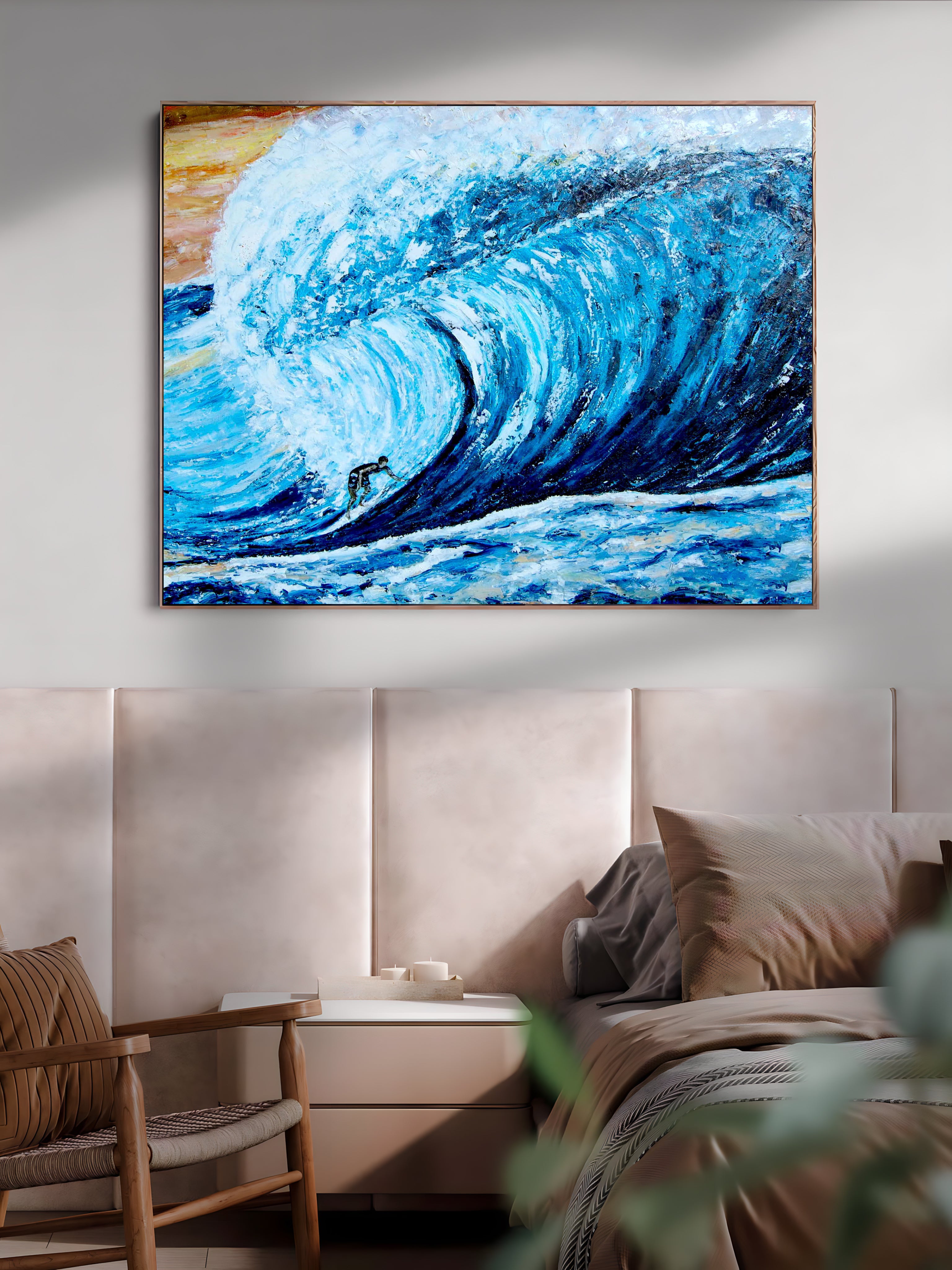 a painting of a blue wave on a wall above a bed