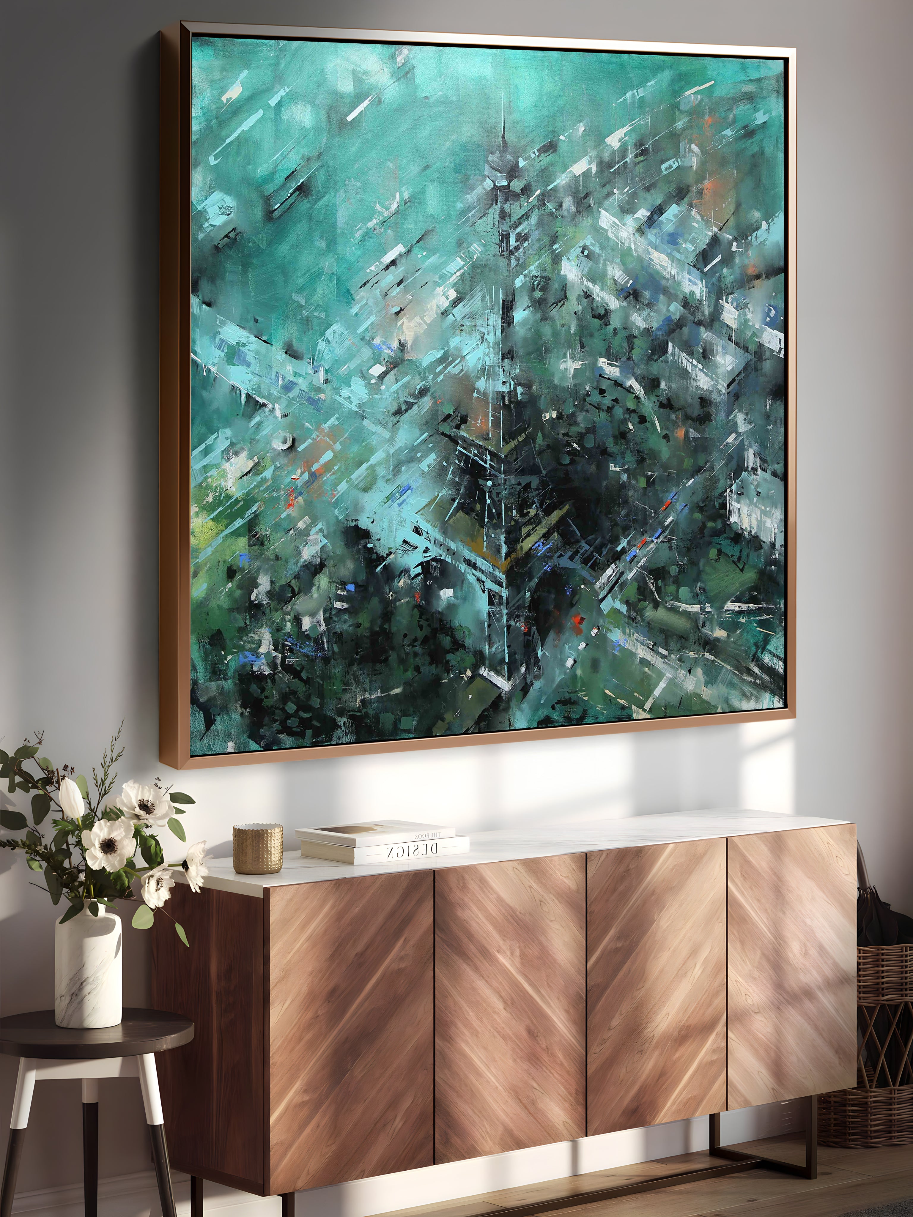 a painting hanging on a wall above a sideboard