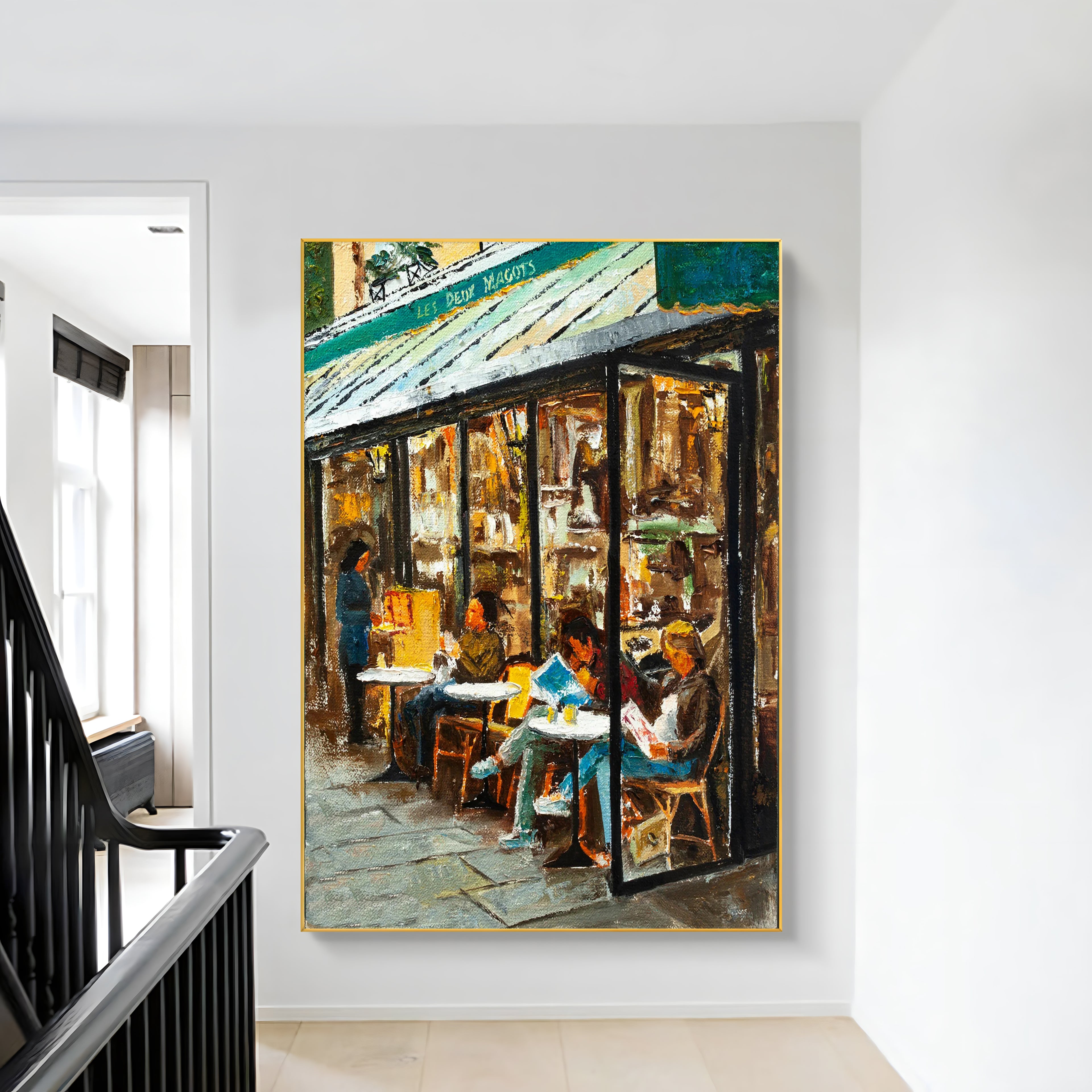 a painting of people sitting outside of a restaurant
