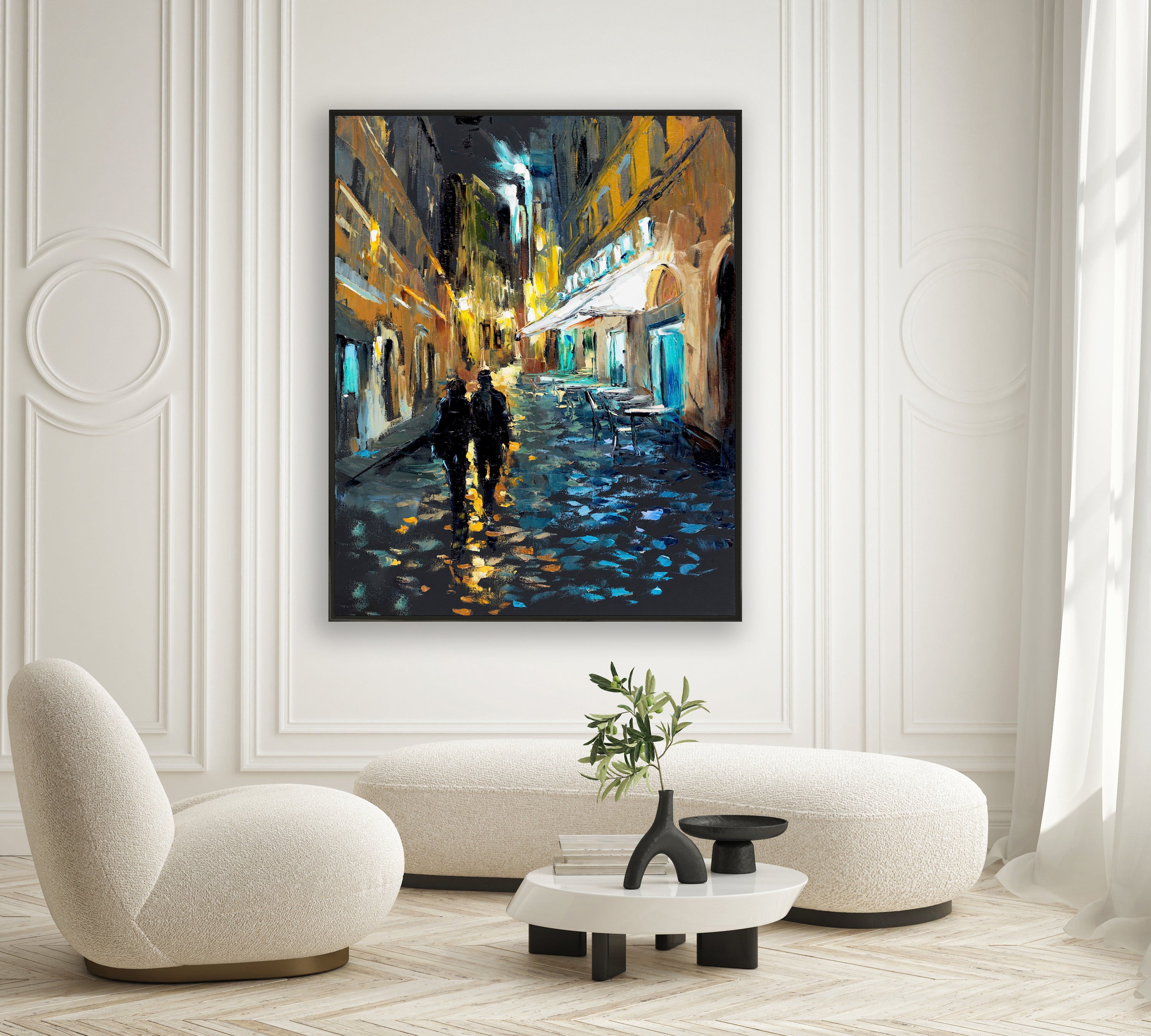 a painting of two people walking down a street