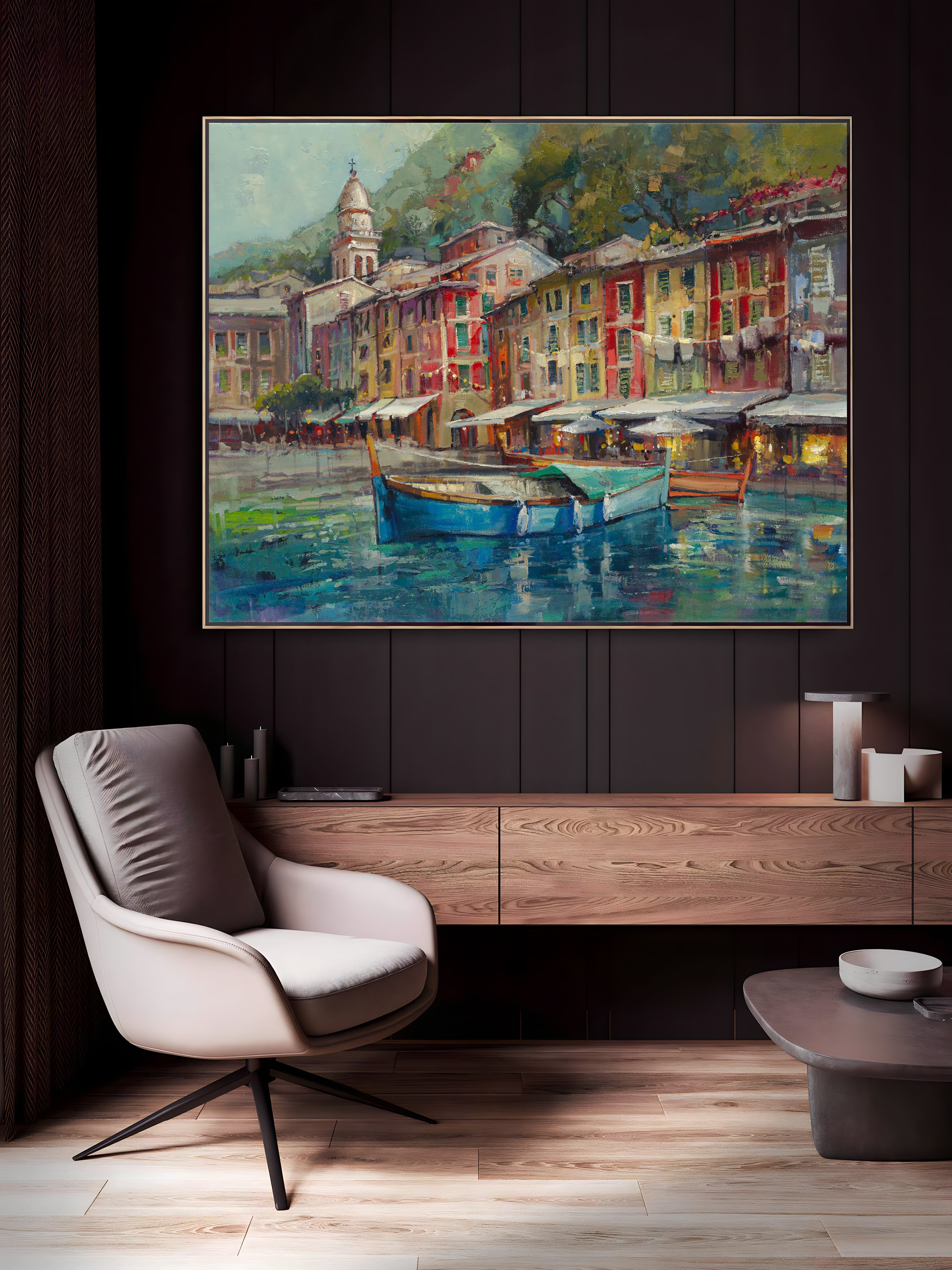 a living room with a painting on the wall