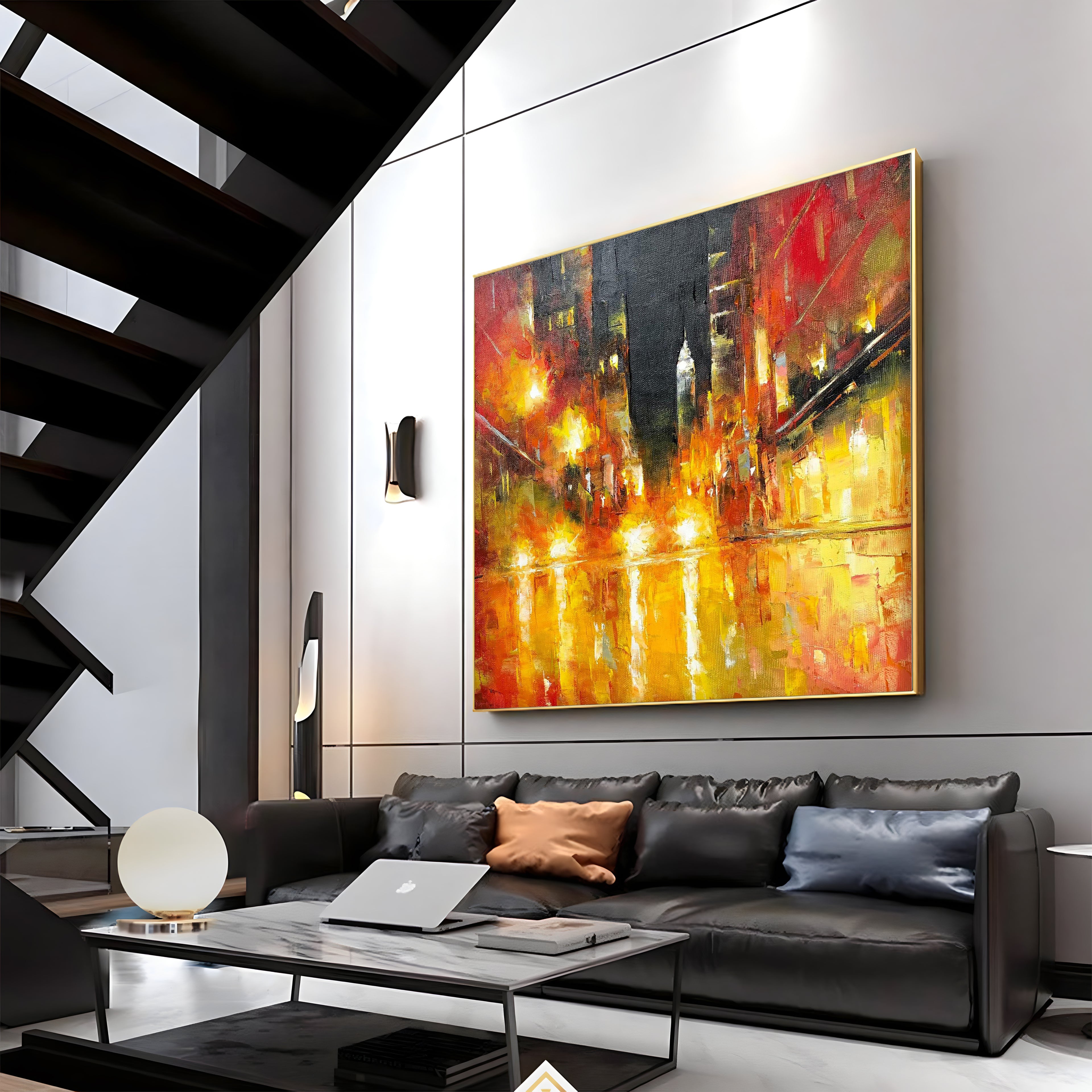 a living room filled with furniture and a painting on the wall