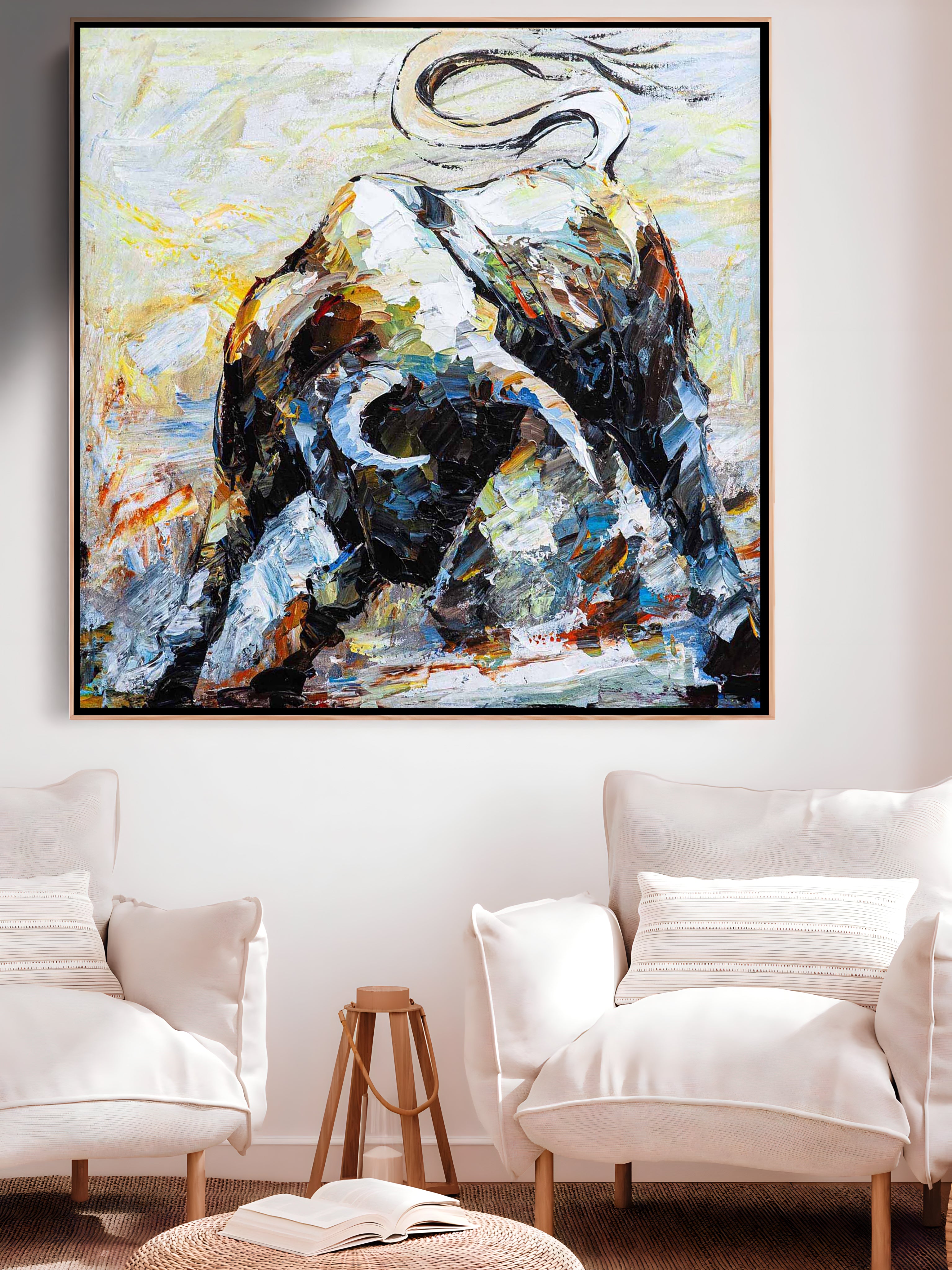 a living room with two white chairs and a painting on the wall