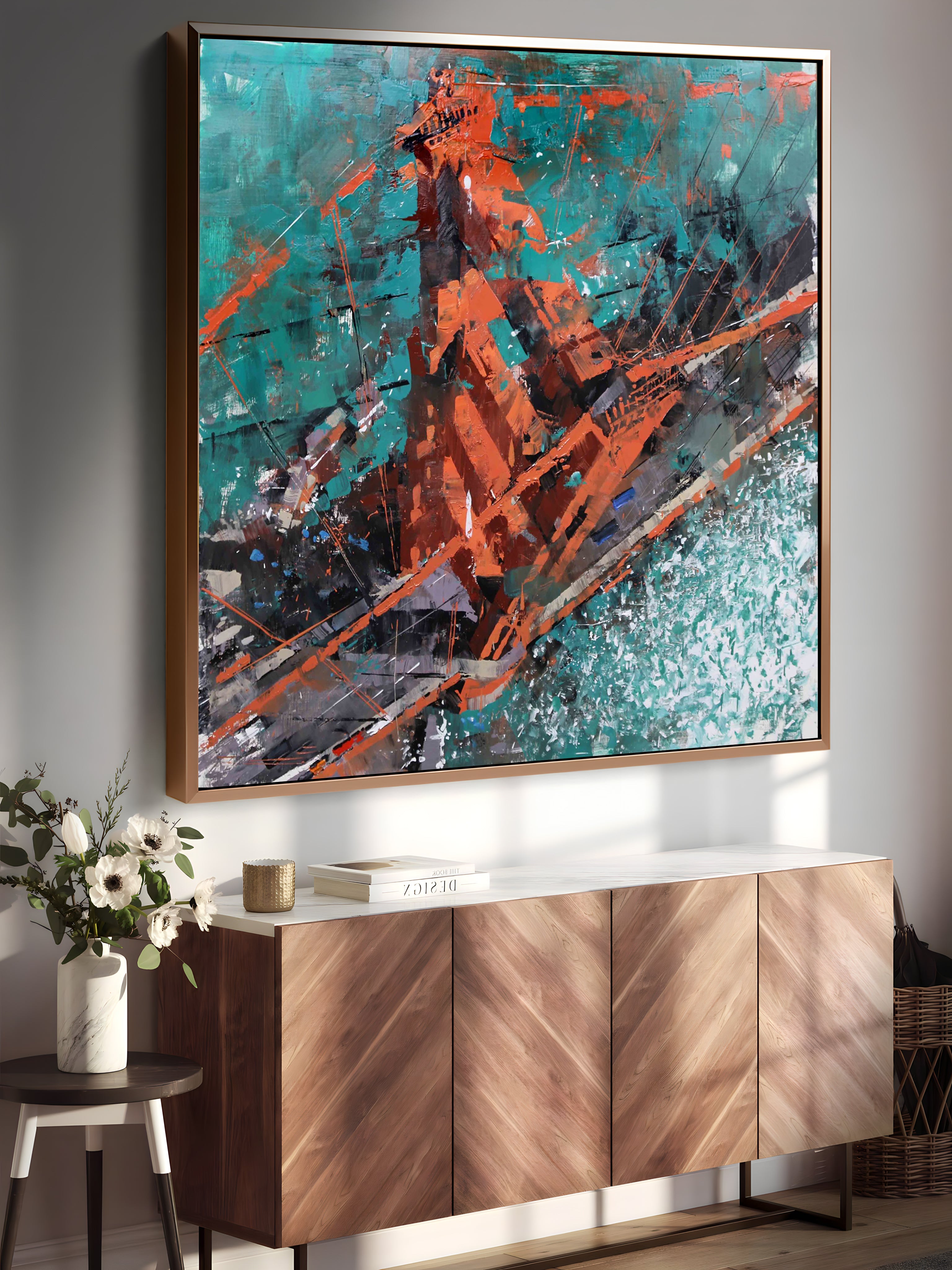 a painting hanging on a wall above a sideboard