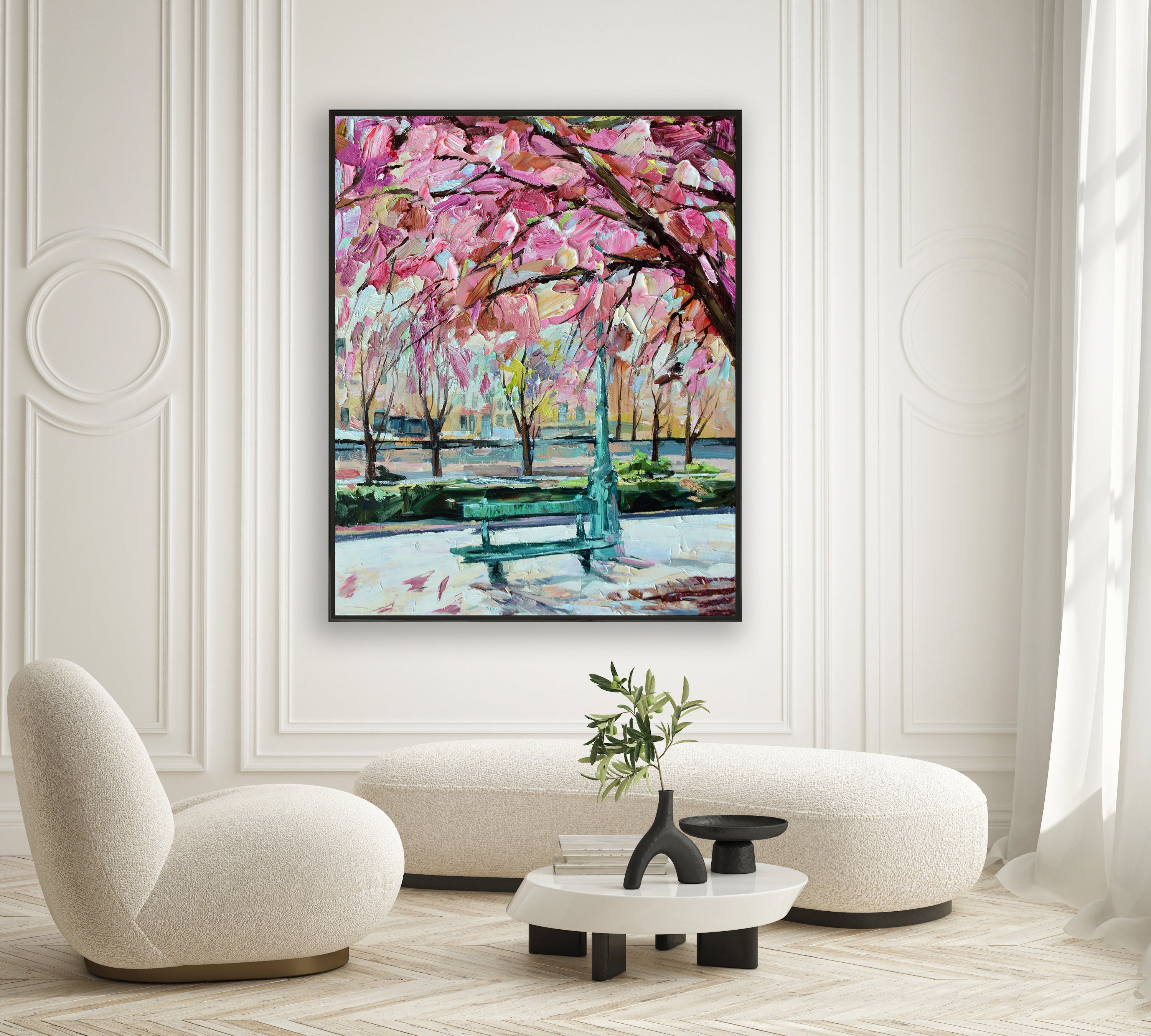 a painting of a park with a bench and trees