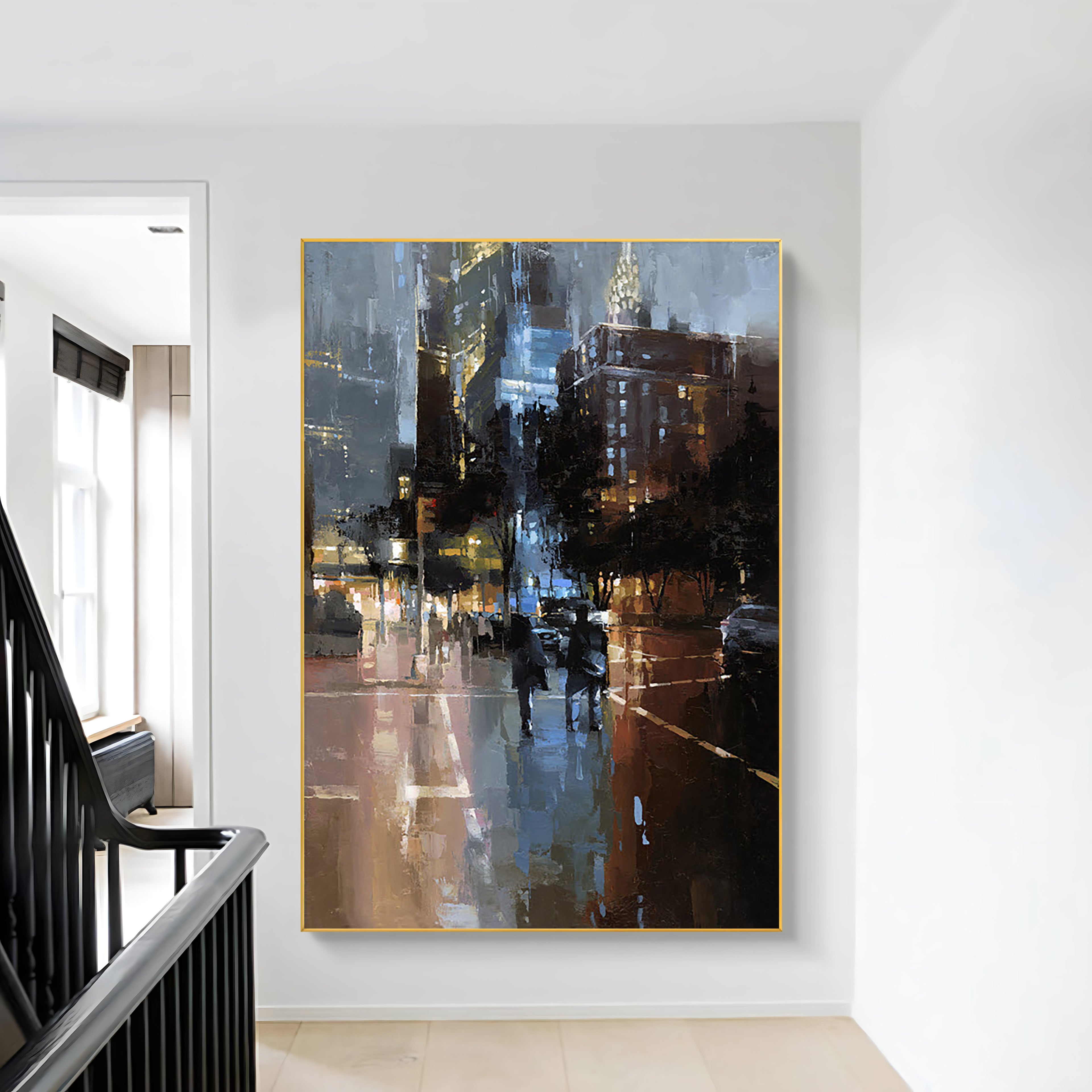 a painting hanging on a wall next to a banister