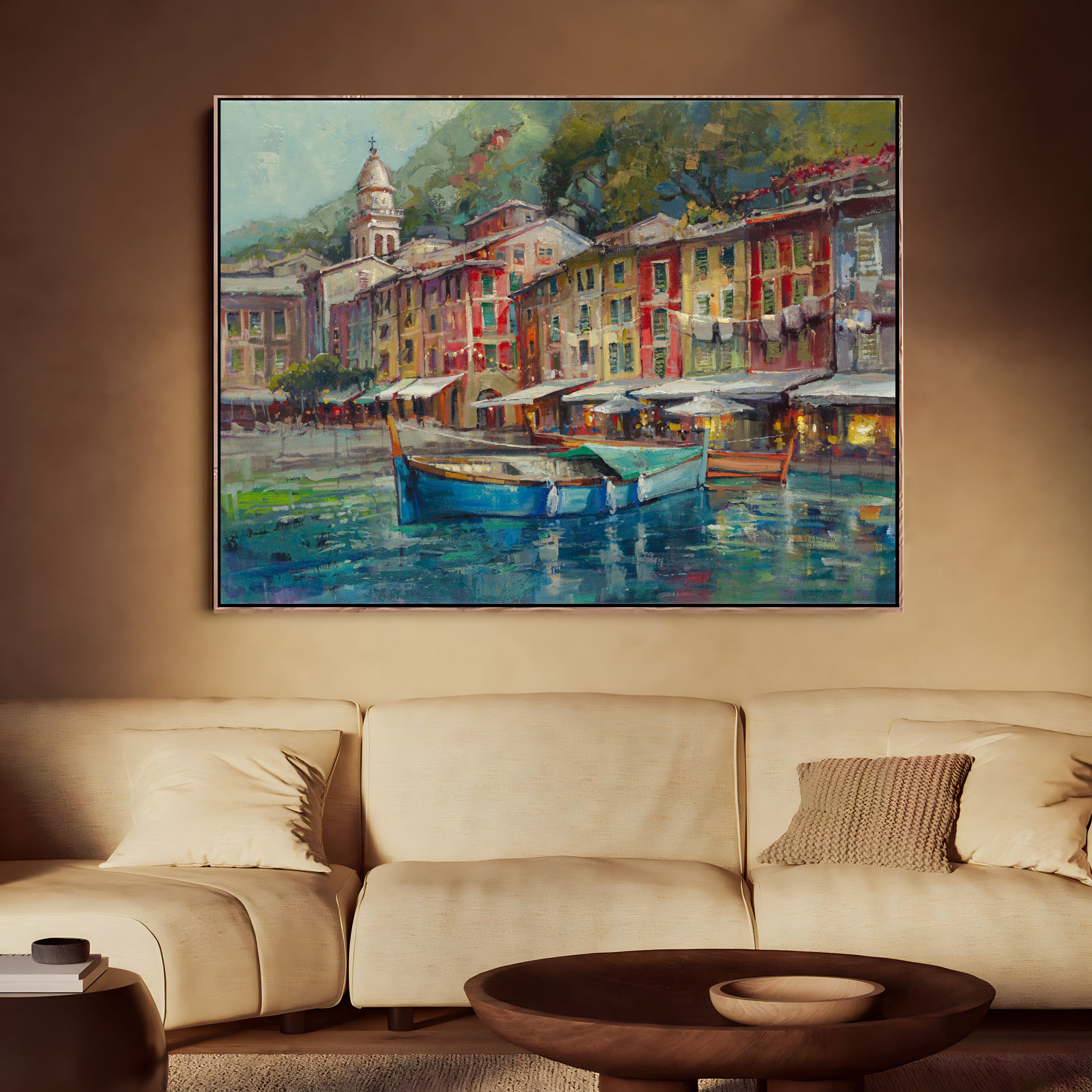 a living room with a couch and a painting on the wall