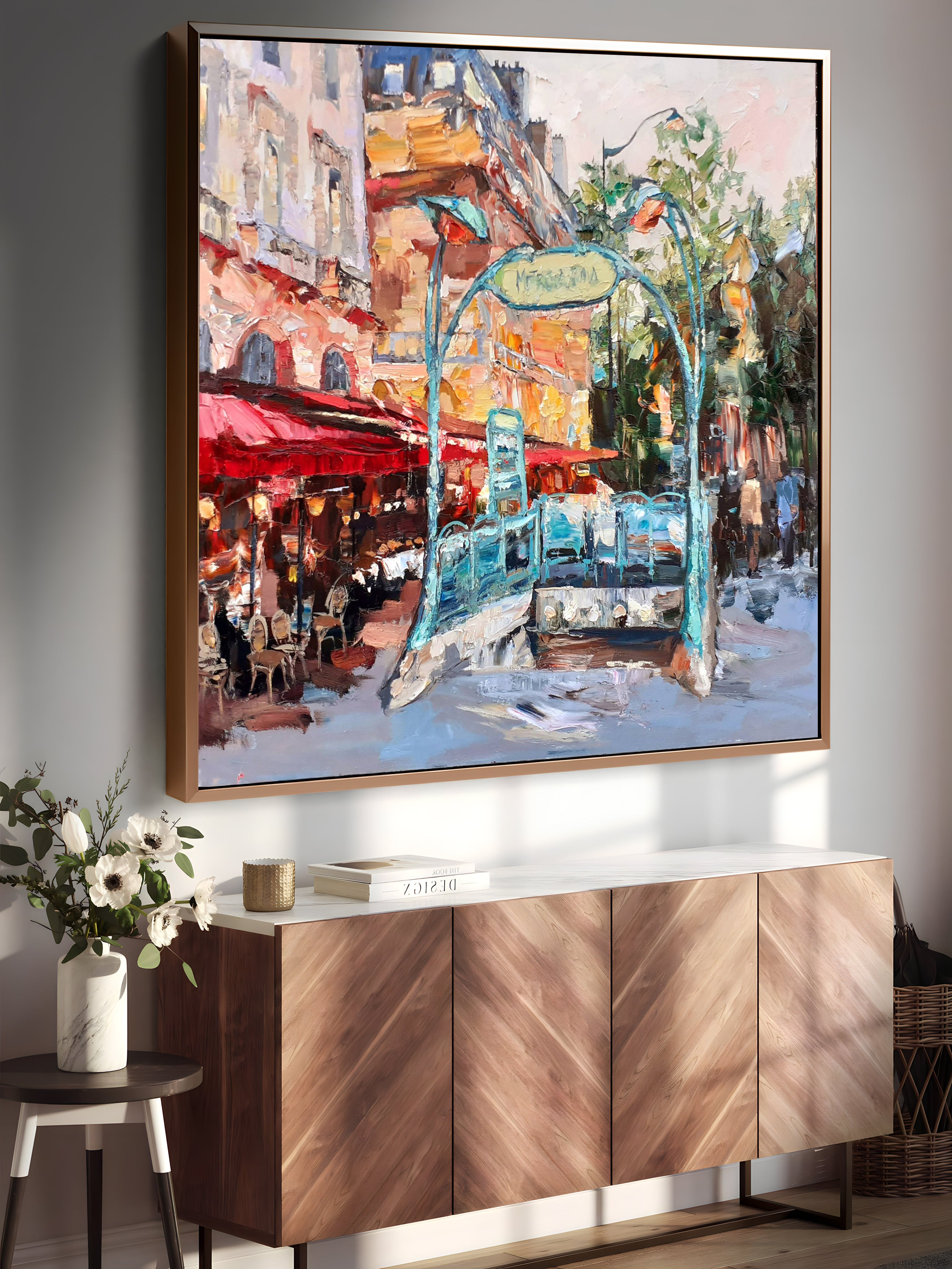 a painting hanging on the wall of a room