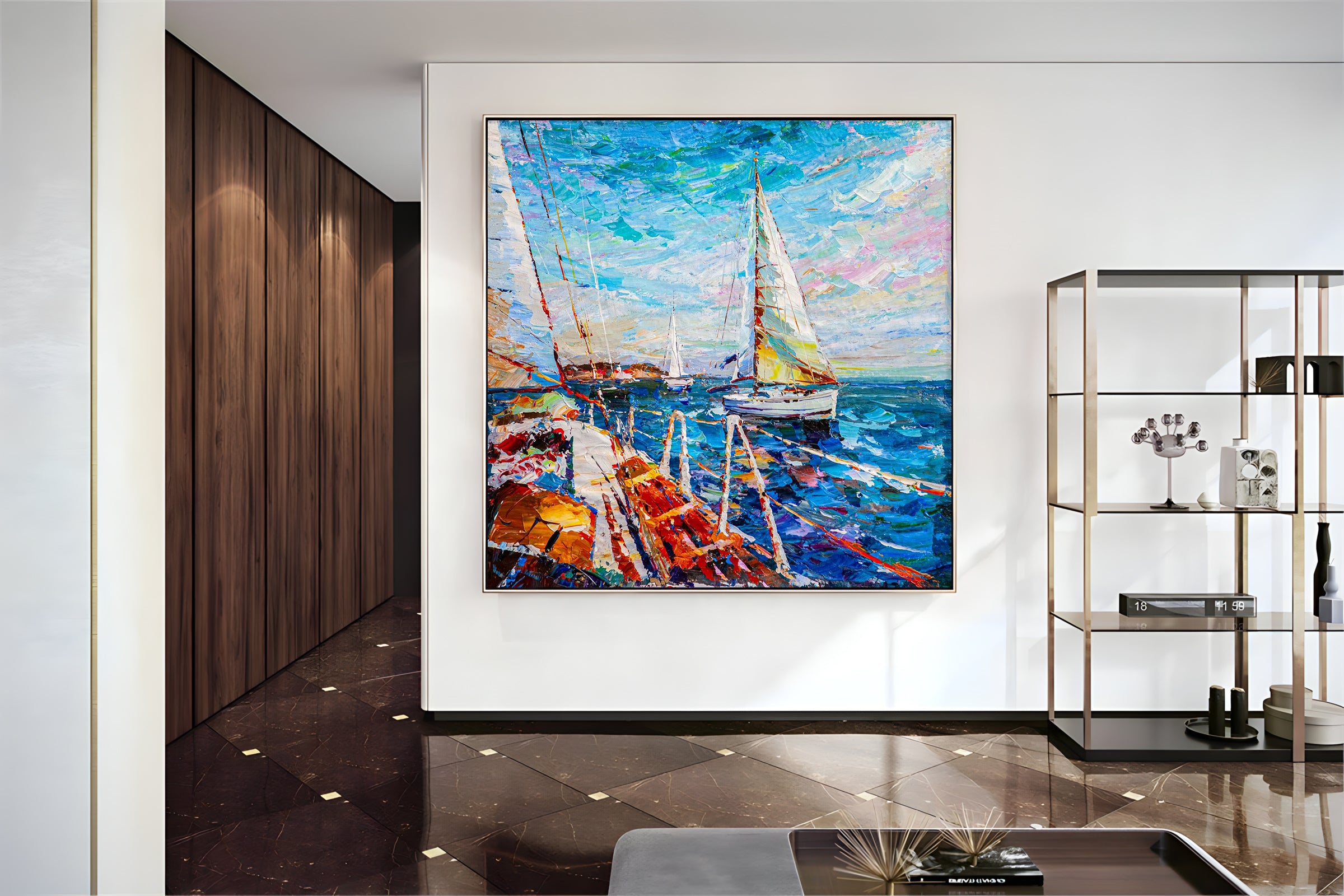 a painting of a sailboat in a room