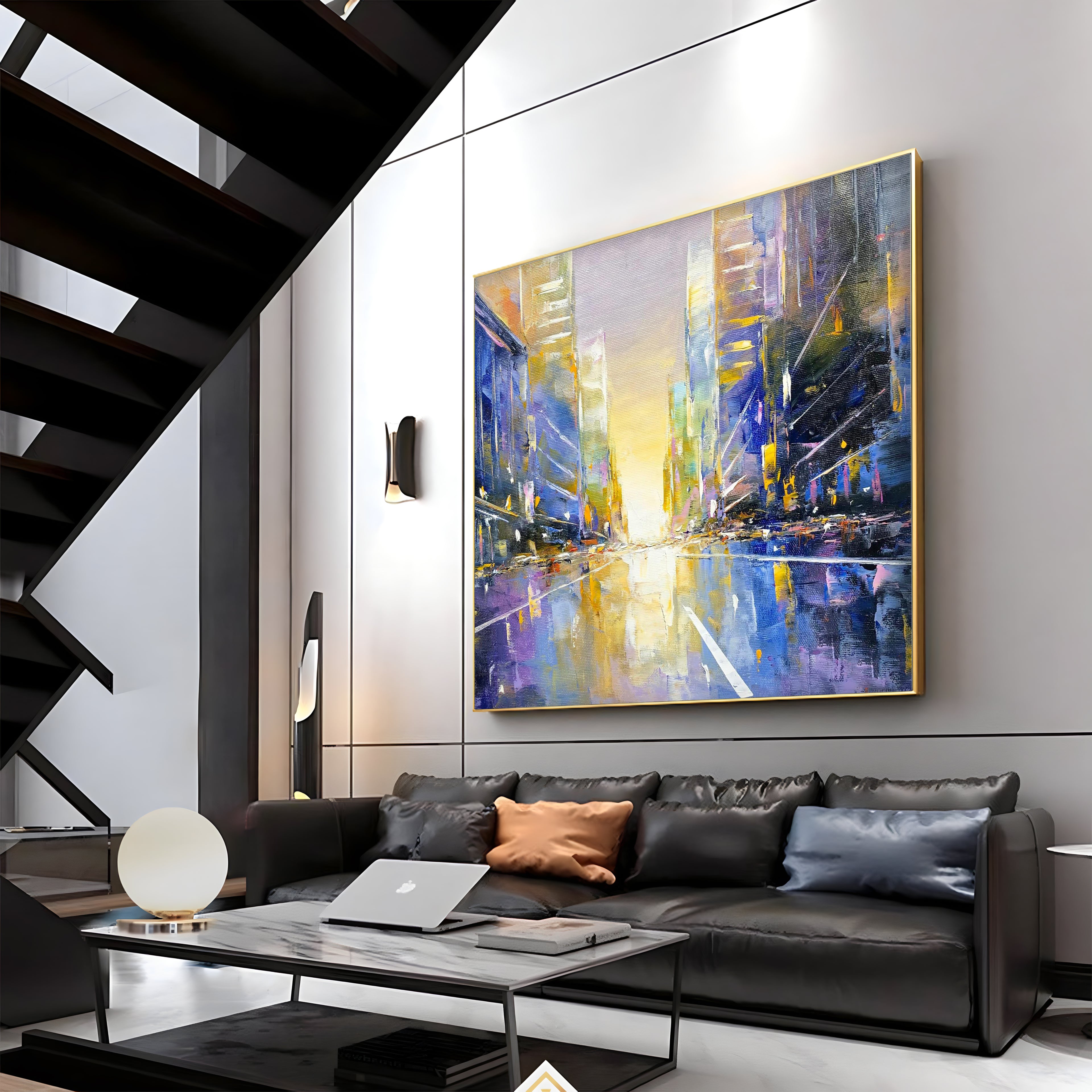 a living room filled with furniture and a painting on the wall