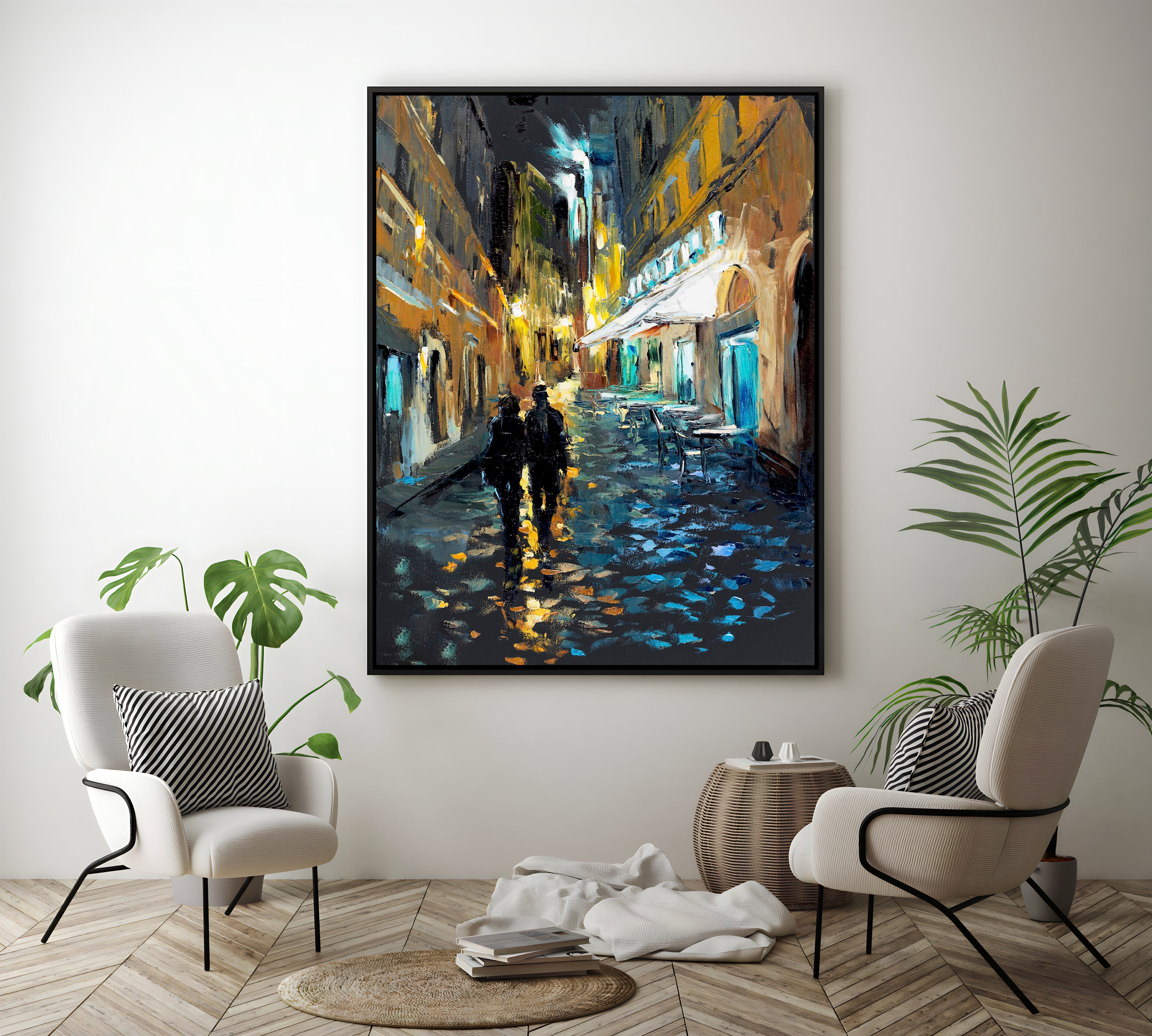 a painting of two people walking down a street at night